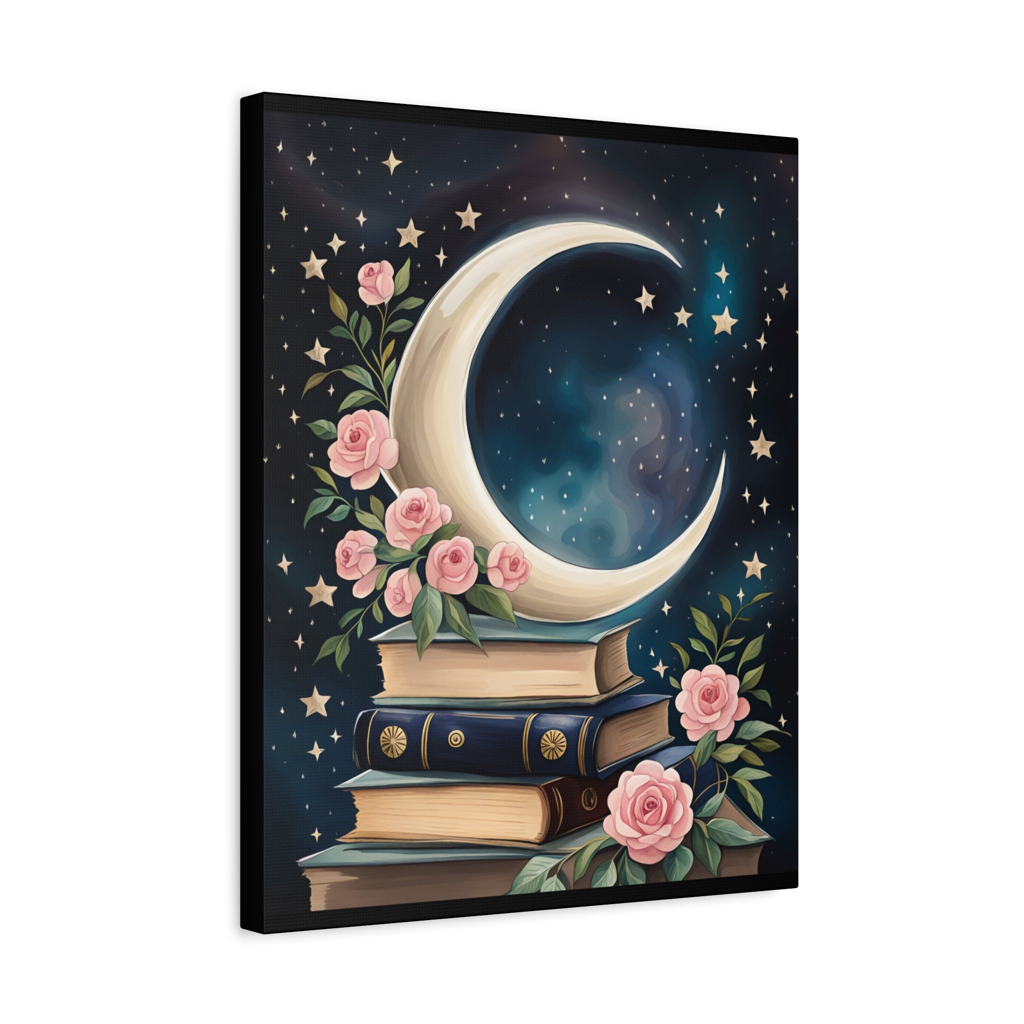 Moonlit Bookshelf Canvas Art, Starry Sky Decor, Floral Wall Art, Gift for Book Lovers, Nursery & Study Room Decoration