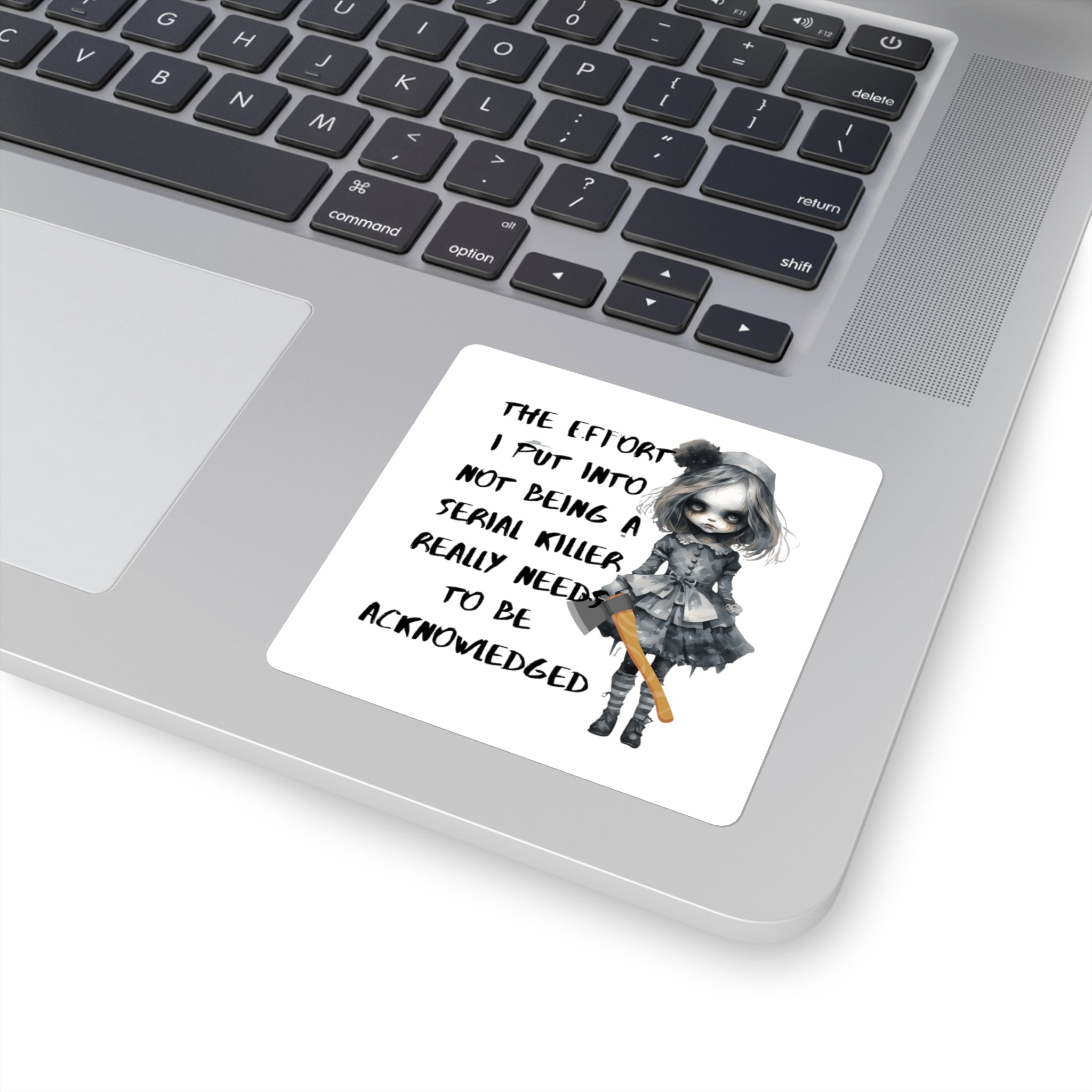 Creepy Doll Square Stickers - Dark Humor, Quirky Decals for Laptops, Journals, Gifts, Halloween Decor, Gothic Aesthetic