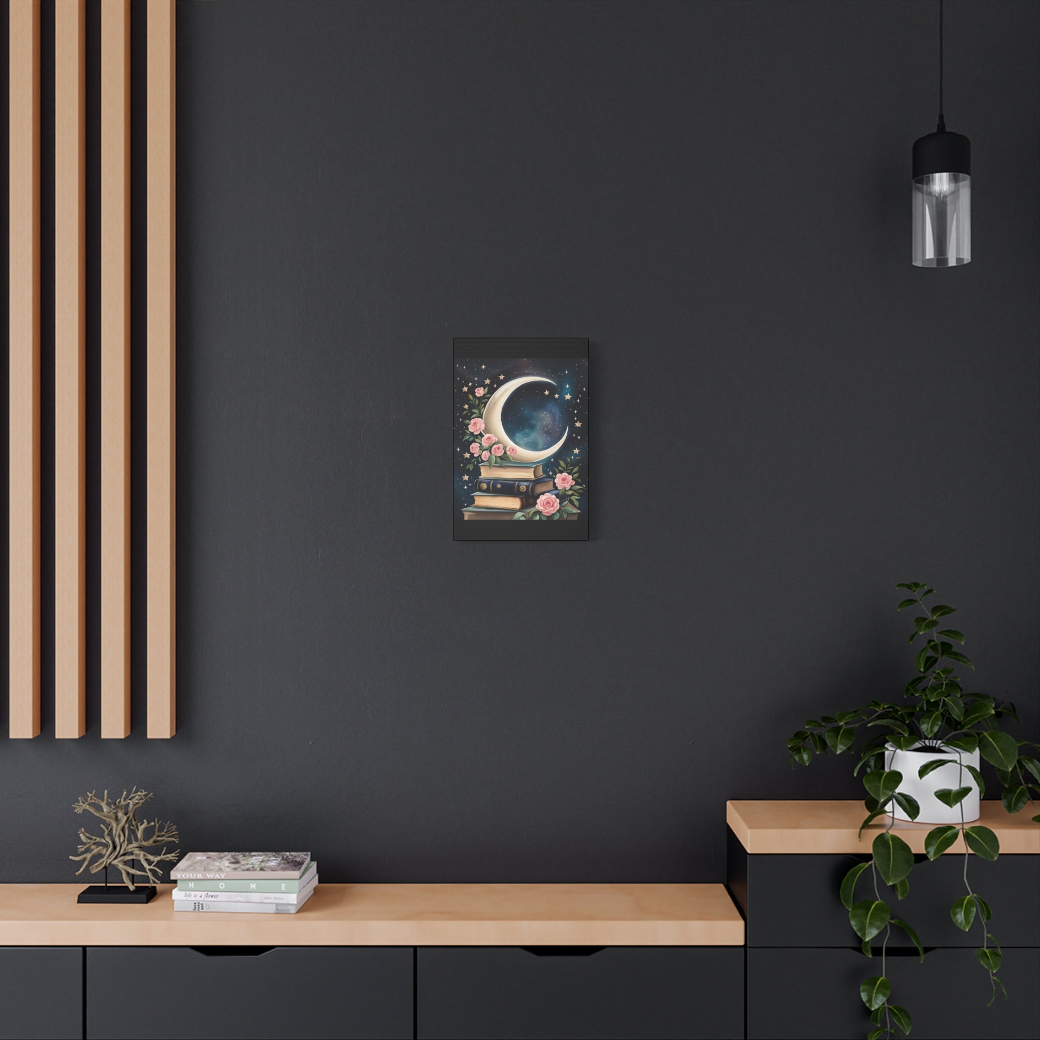 Moonlit Bookshelf Canvas Art, Starry Sky Decor, Floral Wall Art, Gift for Book Lovers, Nursery & Study Room Decoration