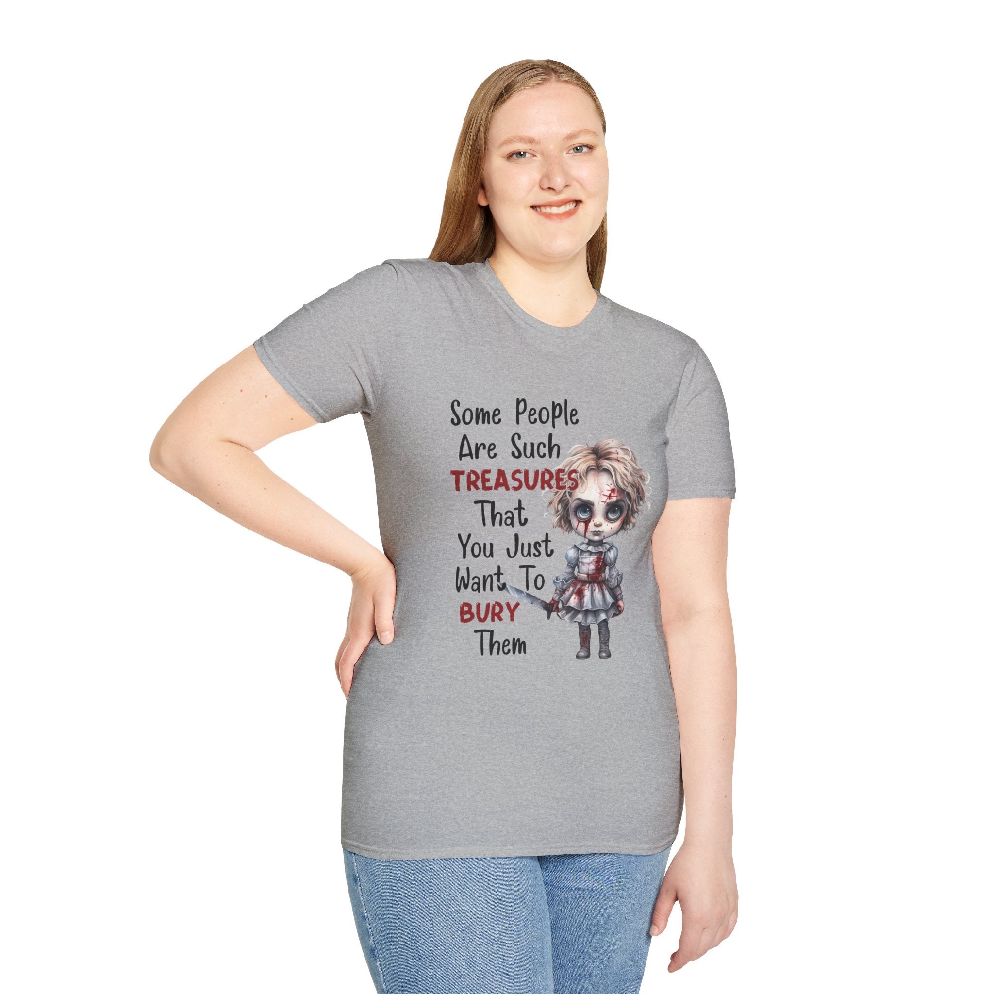 Creepy Doll Graphic Tee for Fun-Loving Souls, Funny Unisex T-Shirt, Casual Wear, Gift for Friends, Halloween and Birthday Party