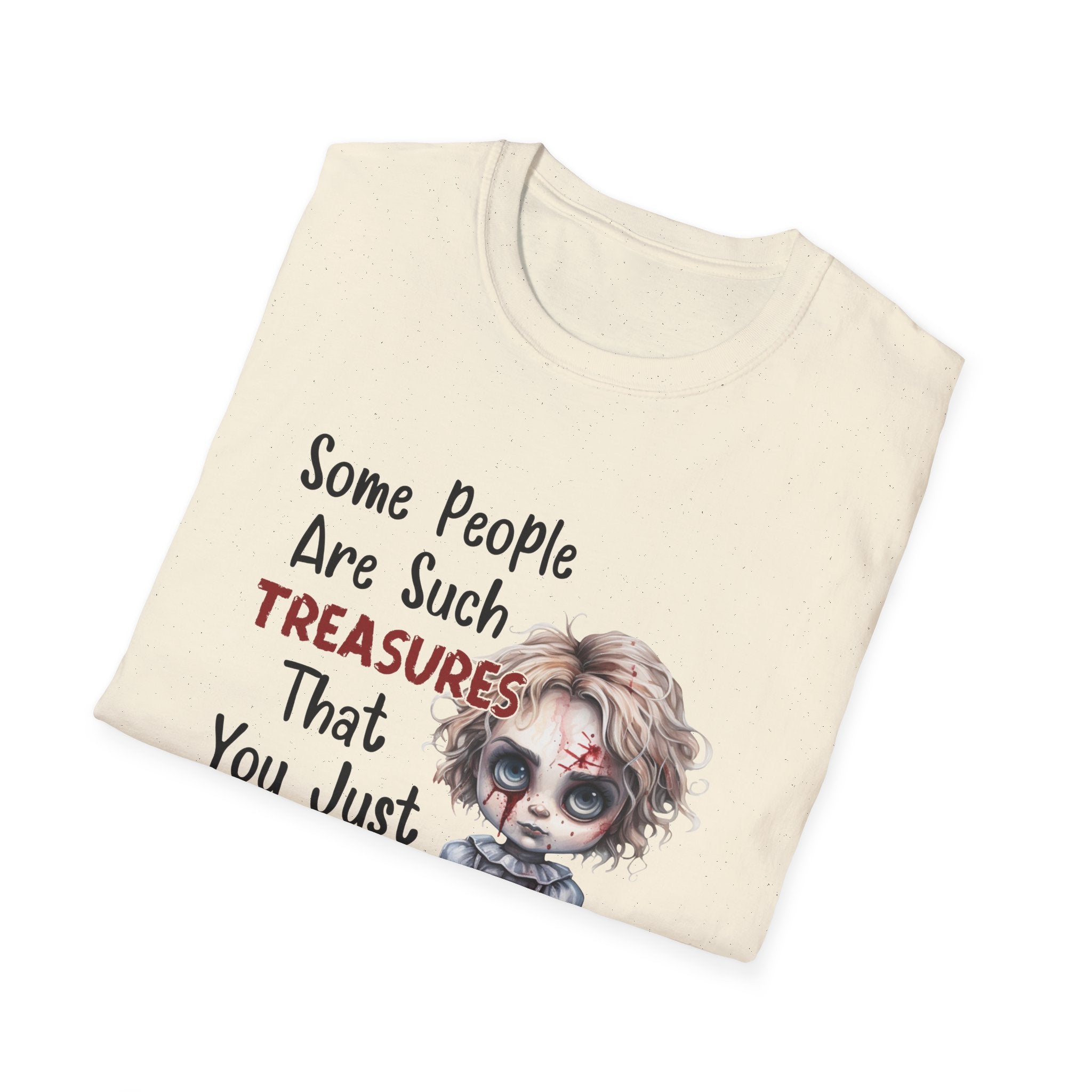 Creepy Doll Graphic Tee for Fun-Loving Souls, Funny Unisex T-Shirt, Casual Wear, Gift for Friends, Halloween and Birthday Party
