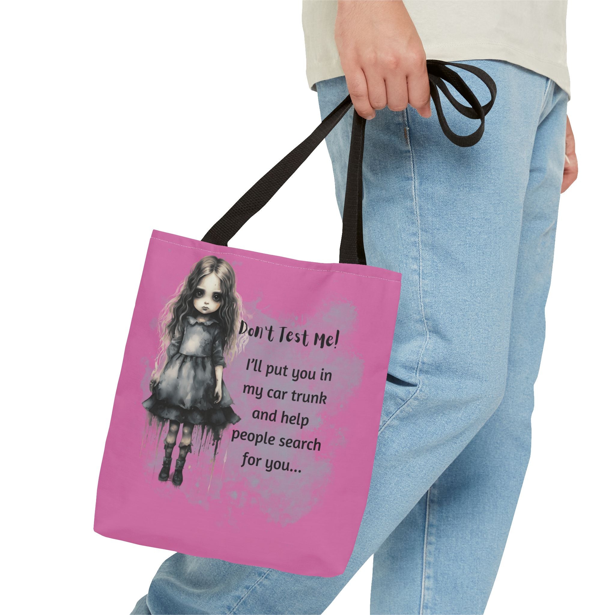 Creepy Doll Tote Bag - Don't Test Me! - Unique Gift for Halloween, Everyday Use, Horror Lovers, Dark Aesthetic, Funny Bags