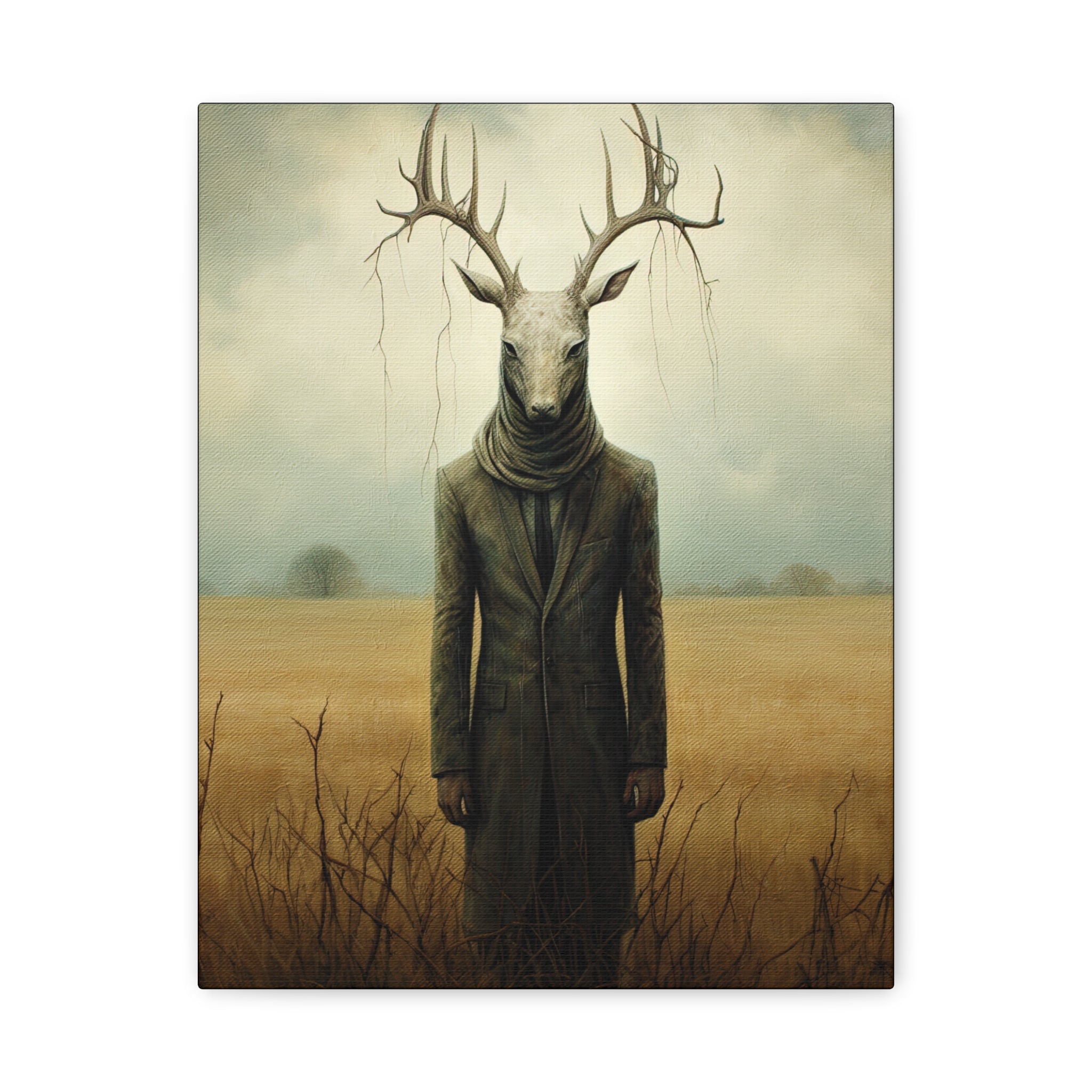 Folk Horror Deer Canvas Art Print, Surreal Nature Wall Decor, Unique Gift for Animal Lovers, Modern Home Aesthetic, Gothic Room Accent