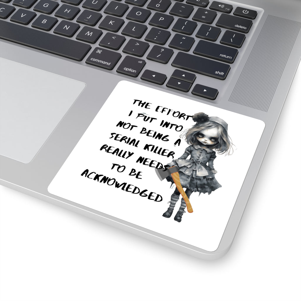 Creepy Doll Square Stickers - Dark Humor, Quirky Decals for Laptops, Journals, Gifts, Halloween Decor, Gothic Aesthetic