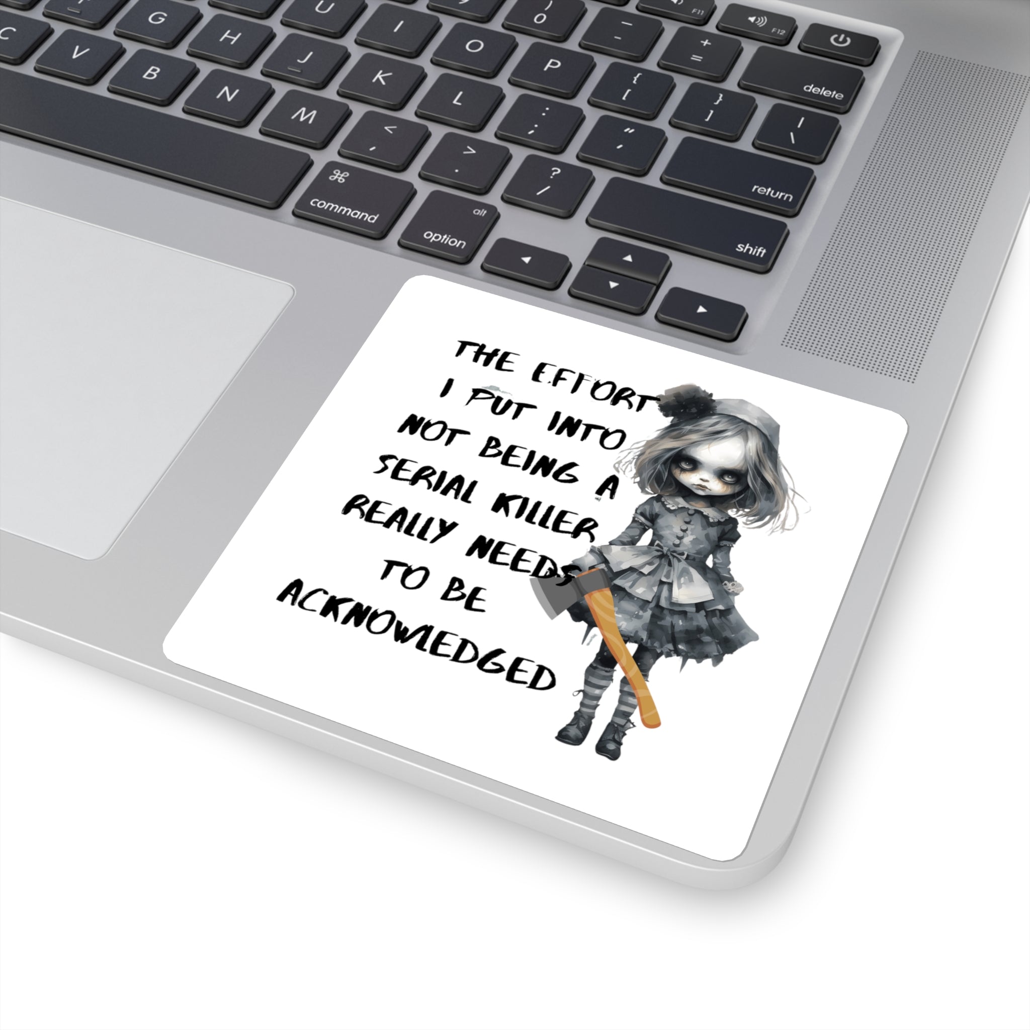 Creepy Doll Square Stickers - Dark Humor, Quirky Decals for Laptops, Journals, Gifts, Halloween Decor, Gothic Aesthetic
