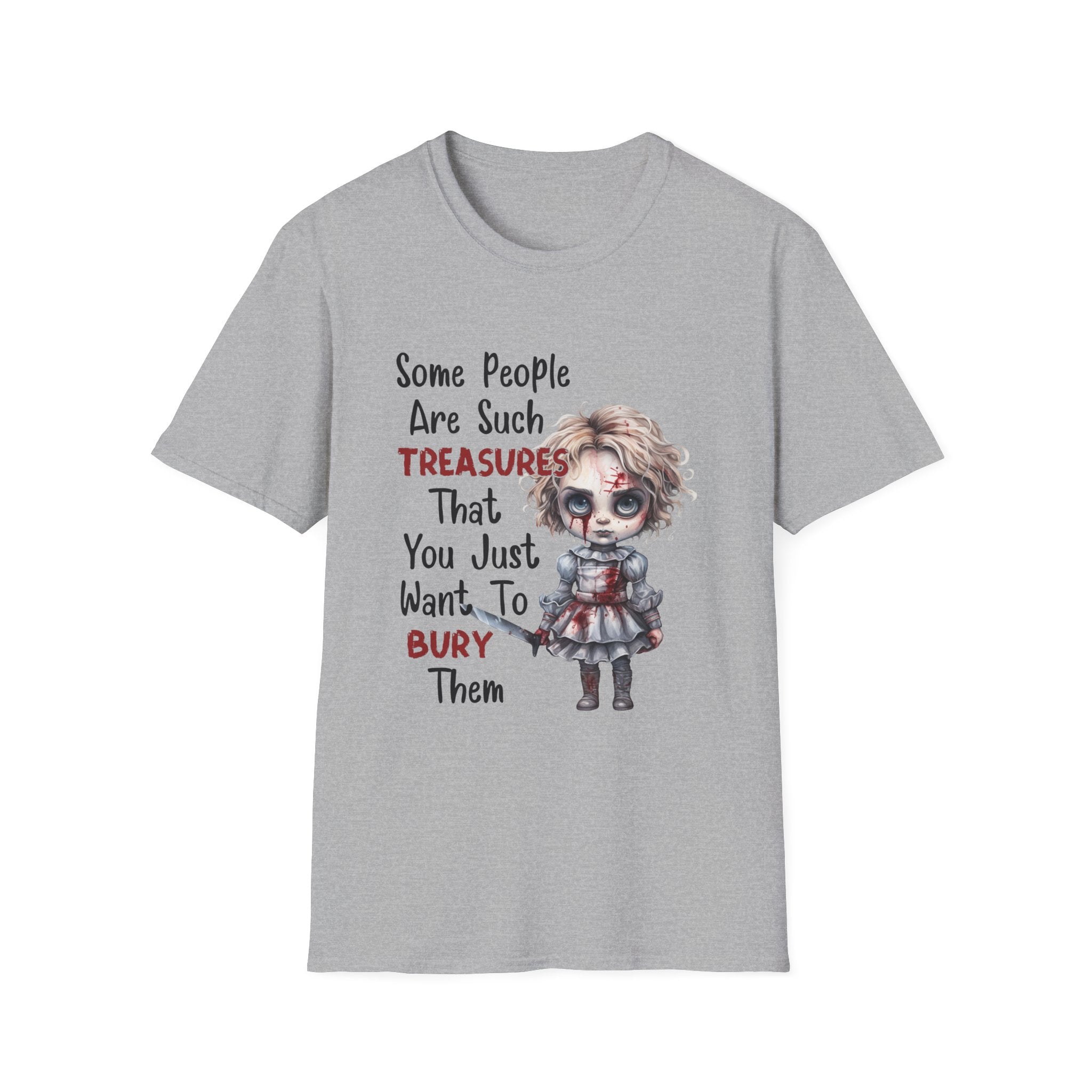 Creepy Doll Graphic Tee for Fun-Loving Souls, Funny Unisex T-Shirt, Casual Wear, Gift for Friends, Halloween and Birthday Party