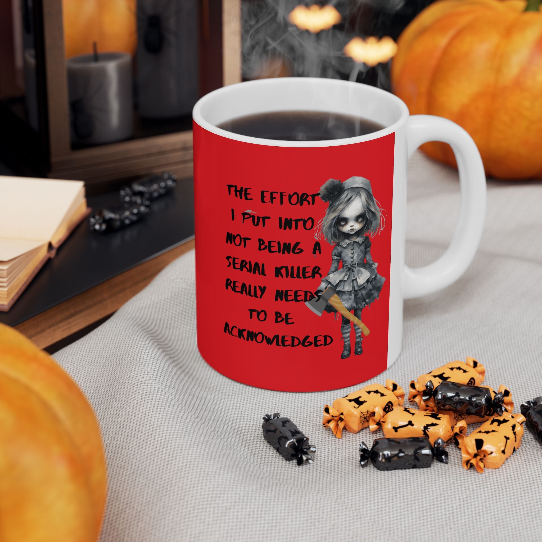 Creepy Doll Ceramic Mug - Unique Gift for Art Lovers, Coffee & Tea Enthusiasts, Home Decor, Office Supplies, Vibrant Red Design