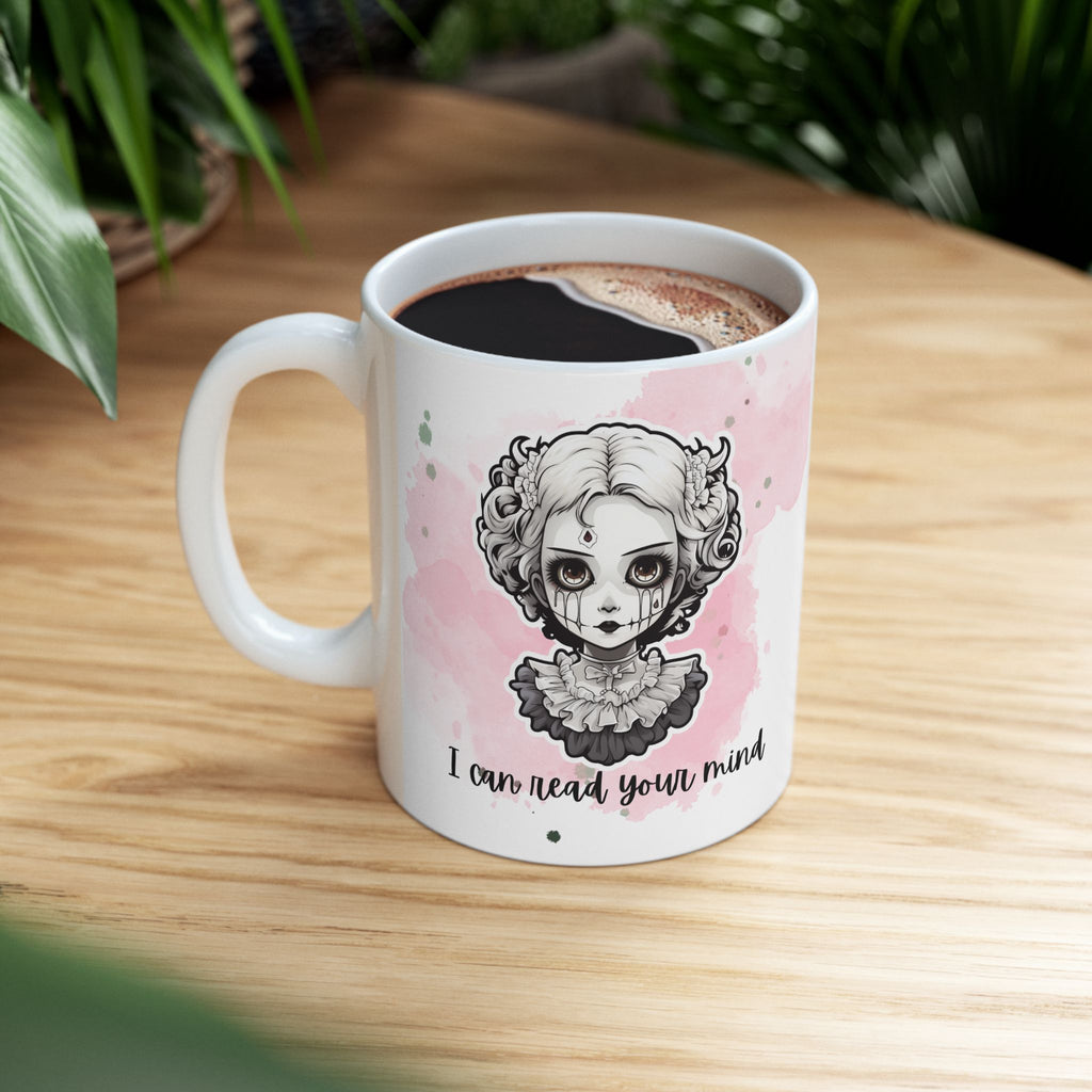 Creepy Doll Ceramic Mug - Quirky Coffee Cup for Halloween, Gift for Her, Unique Tea Mug, Skull Lover's Gift, Home Decor