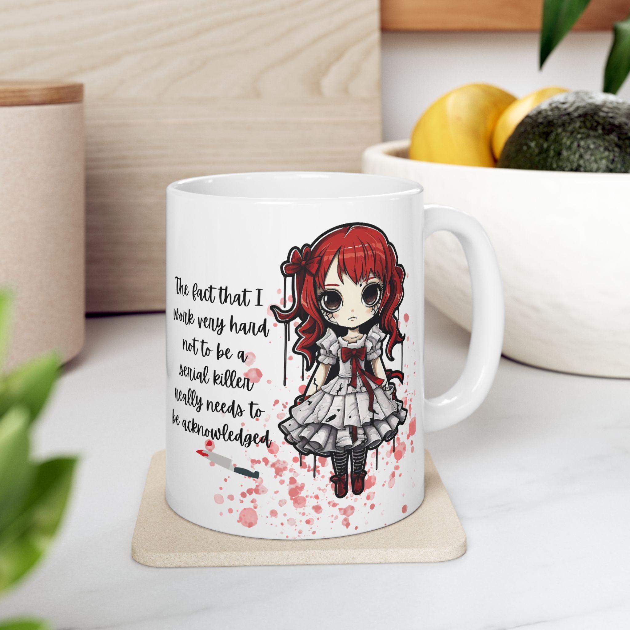 Creepy Doll Ceramic Mug, Inspirational Coffee Cup, Funny Office Gift, Cute Drinkware for Friends, Unique Present for Motivators