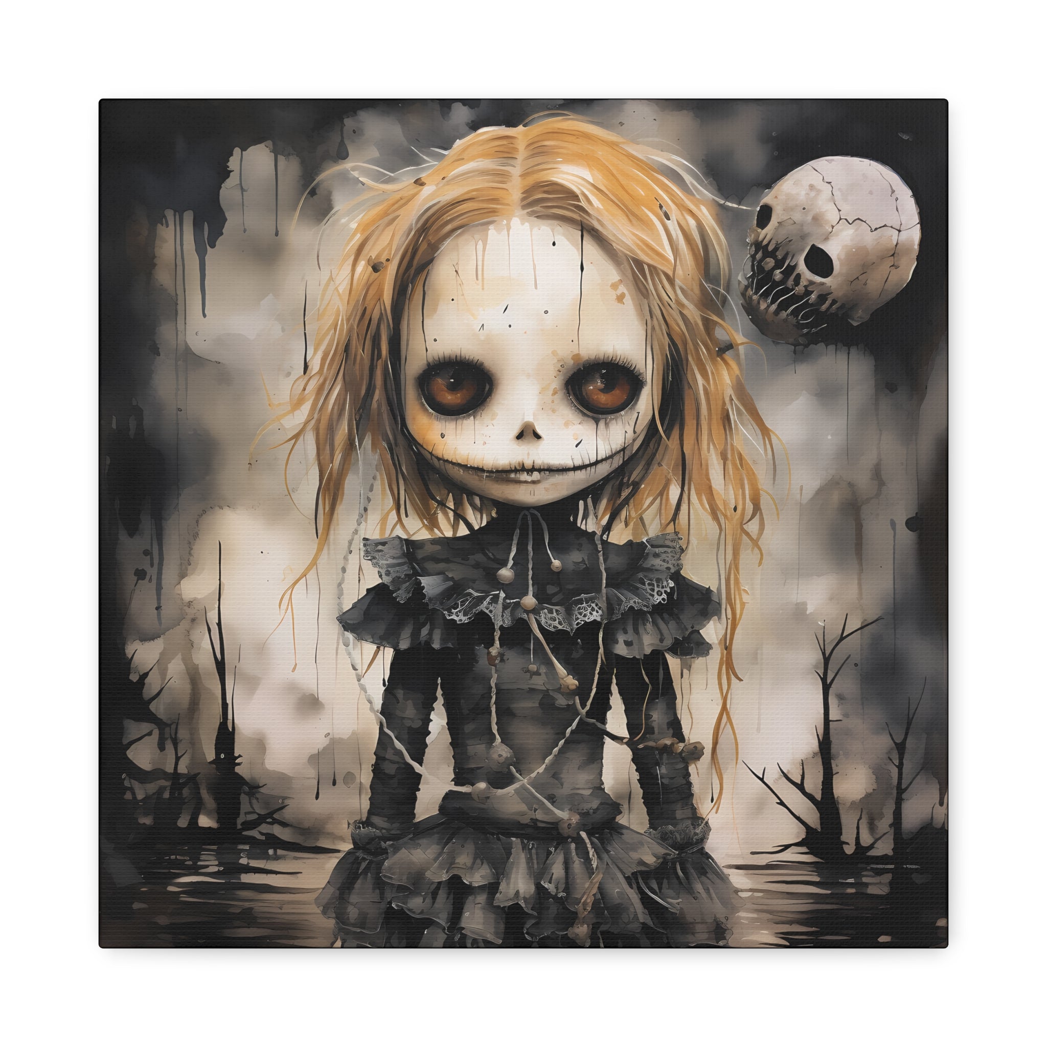 Creepy Doll Art Canvas, Gothic Wall Decor, Dark Aesthetic, Halloween Decor, Unique Home Print, Spooky Living Room Art