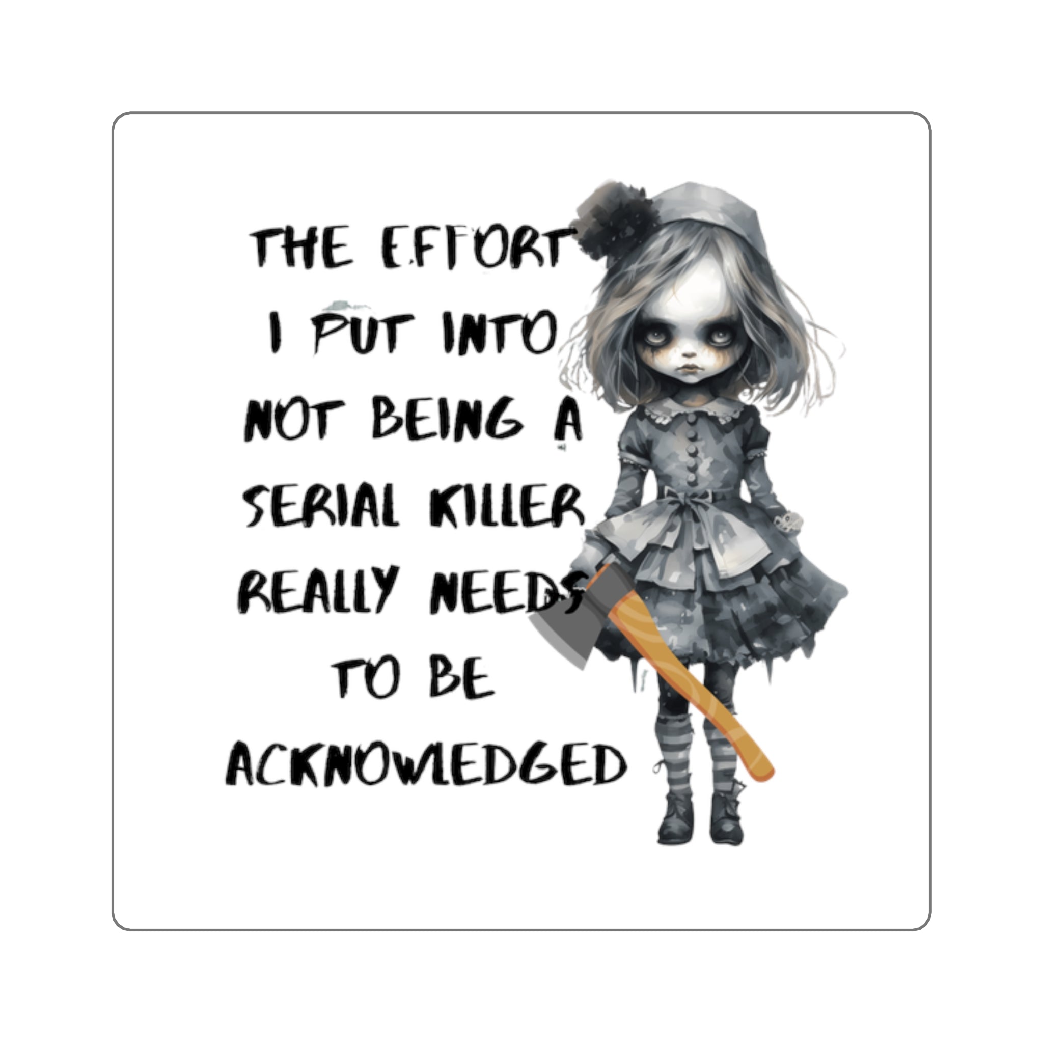 Creepy Doll Square Stickers - Dark Humor, Quirky Decals for Laptops, Journals, Gifts, Halloween Decor, Gothic Aesthetic