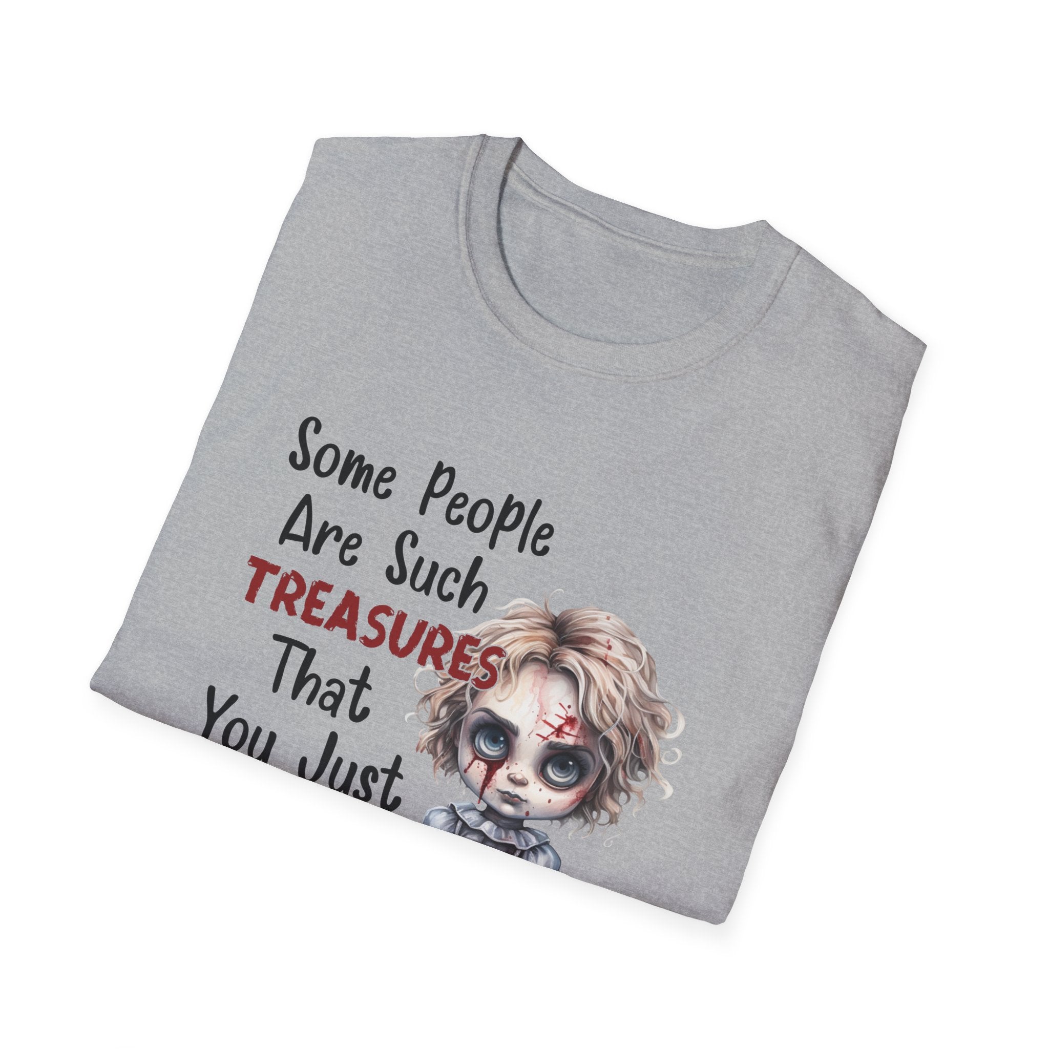 Creepy Doll Graphic Tee for Fun-Loving Souls, Funny Unisex T-Shirt, Casual Wear, Gift for Friends, Halloween and Birthday Party