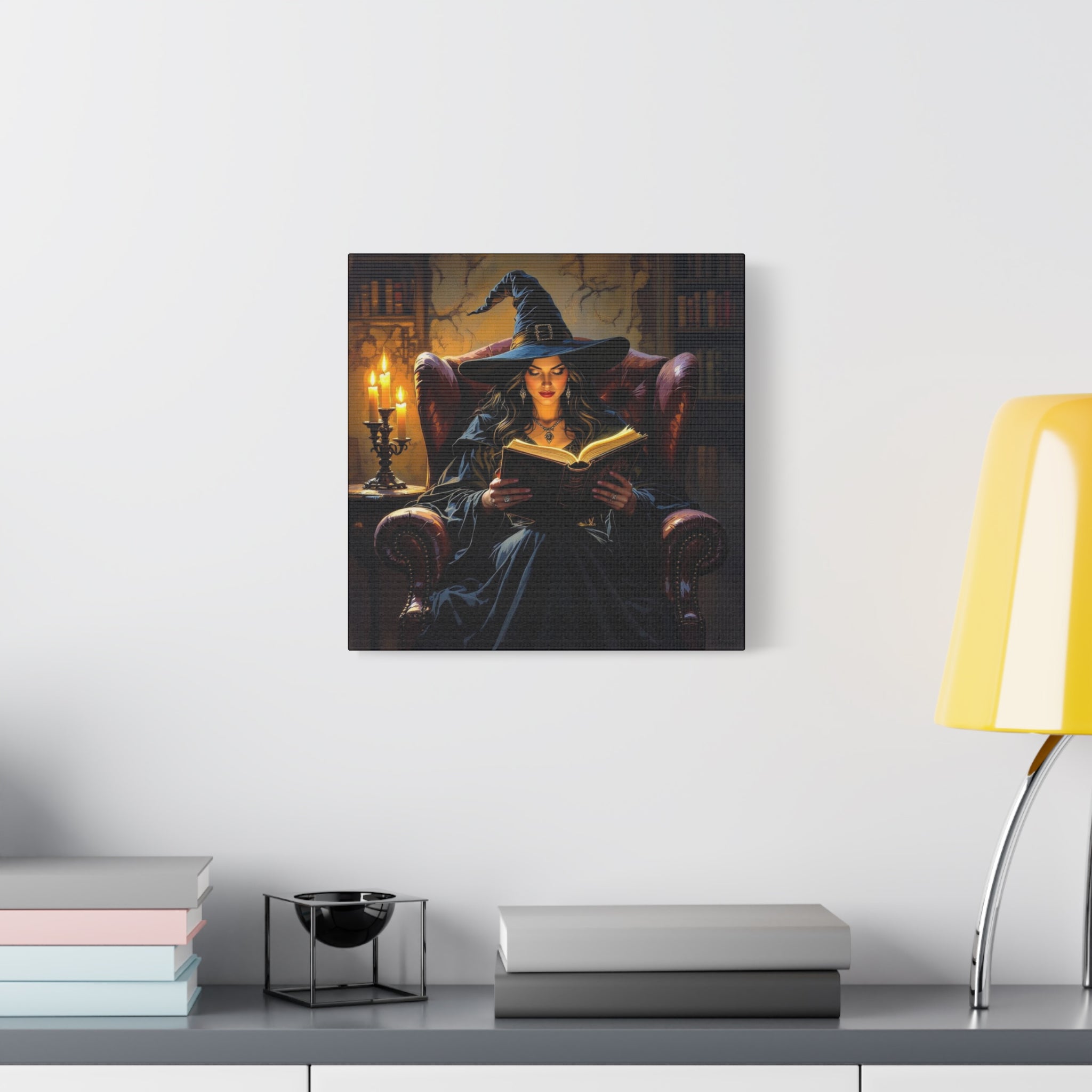 The Reader Canvas Art, Stretched Wall Decor, Halloween Nostalgia, Witch Reading Canvas, Magical Home Decor, Enchanted Living Room Art