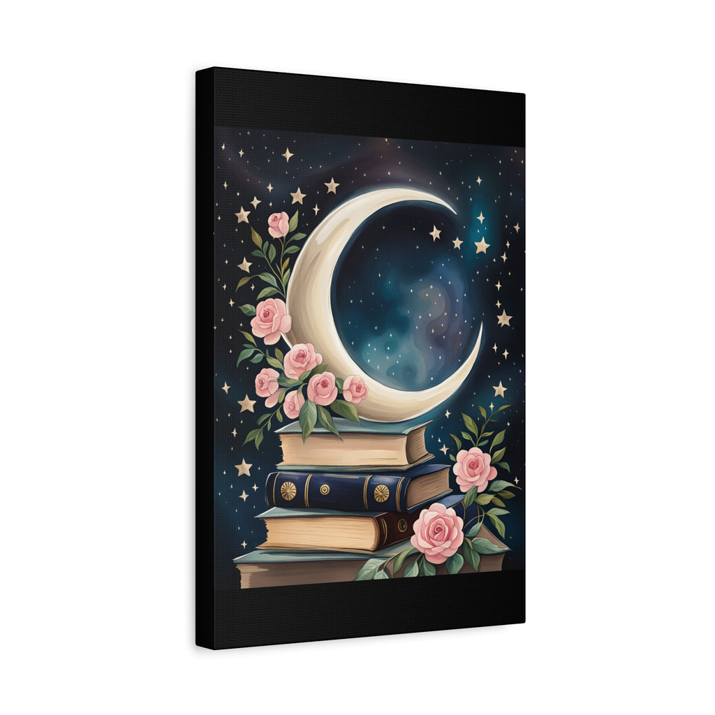 Moonlit Bookshelf Canvas Art, Starry Sky Decor, Floral Wall Art, Gift for Book Lovers, Nursery & Study Room Decoration