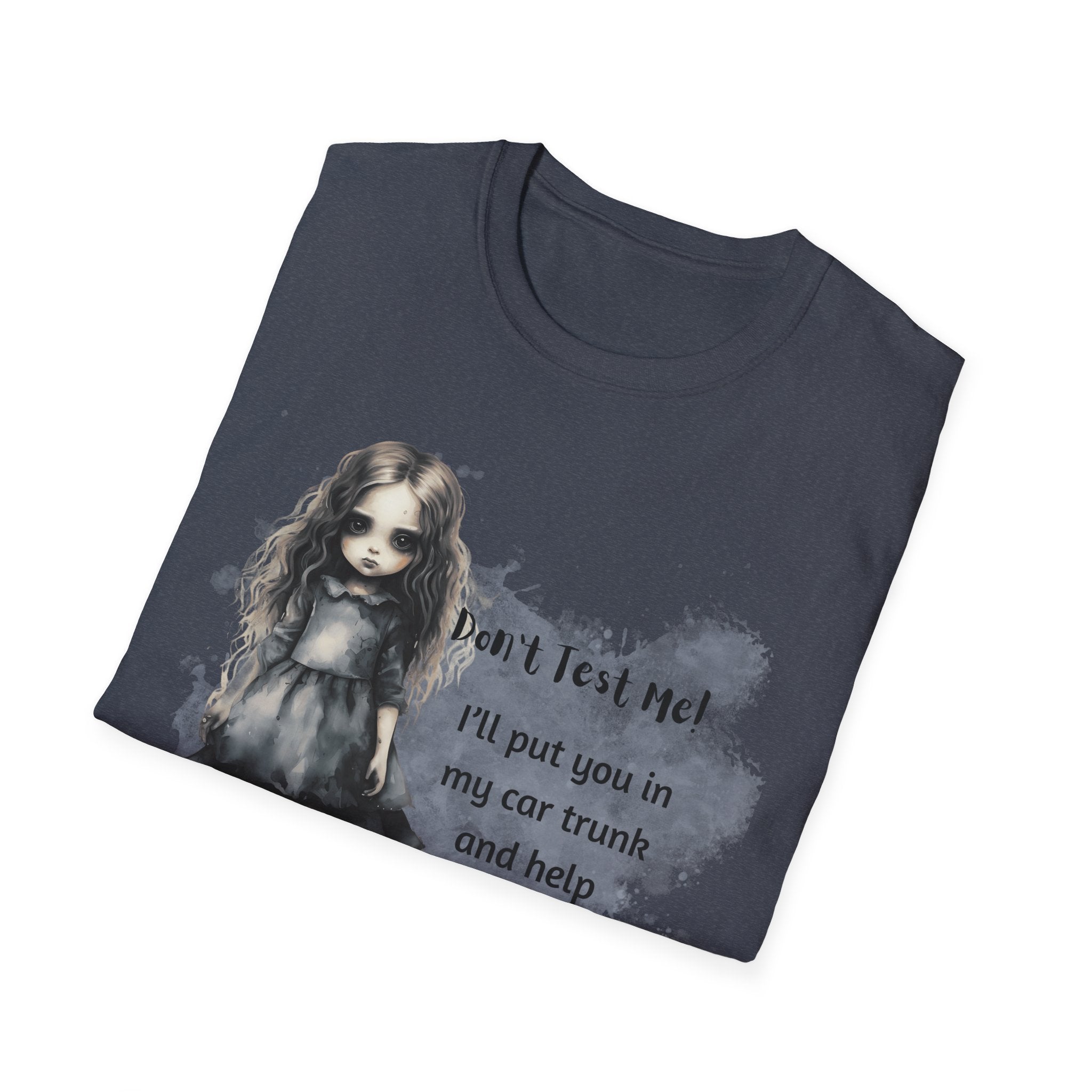 Creepy Doll  Humor T-Shirt, Unisex Softstyle Tee, Quirky Graphic Shirt, Halloween Outfit, Unique Gift Idea, Funny Apparel