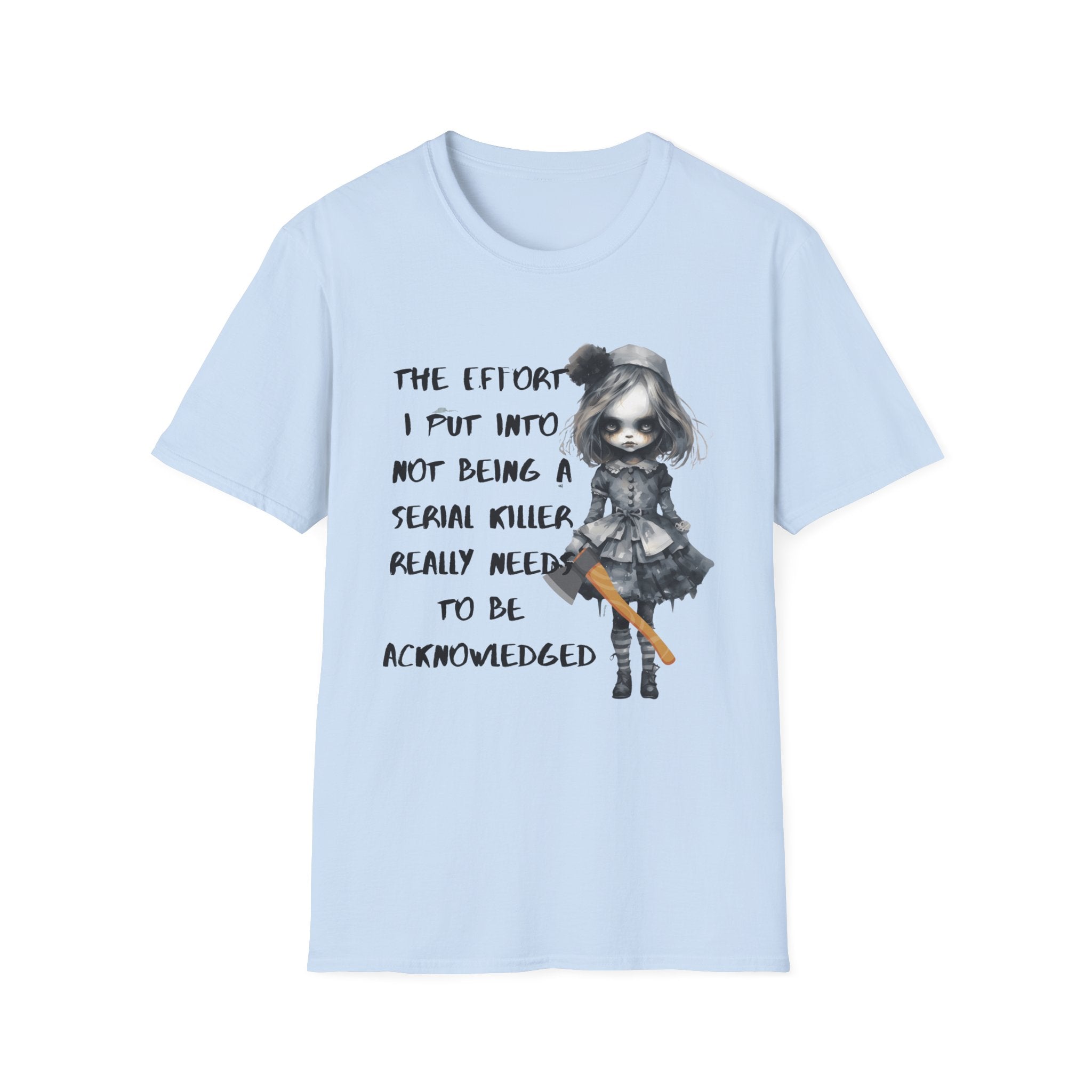 Unisex Graphic Tee with Creepy Doll Humor Design, Ideal for Quirky Fashion Lovers, Perfect for Casual Outings, Birthdays, and Halloween, [...]