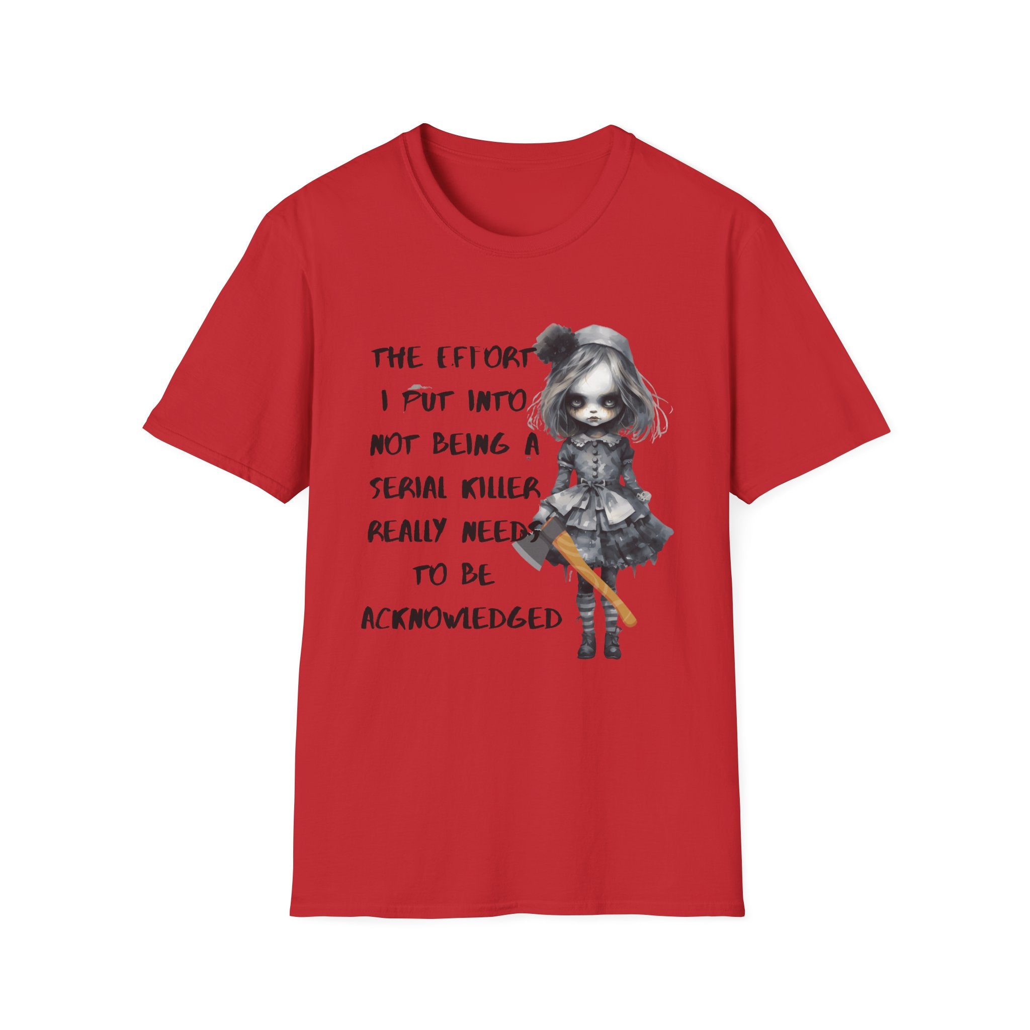 Unisex Graphic Tee with Creepy Doll Humor Design, Ideal for Quirky Fashion Lovers, Perfect for Casual Outings, Birthdays, and Halloween, [...]
