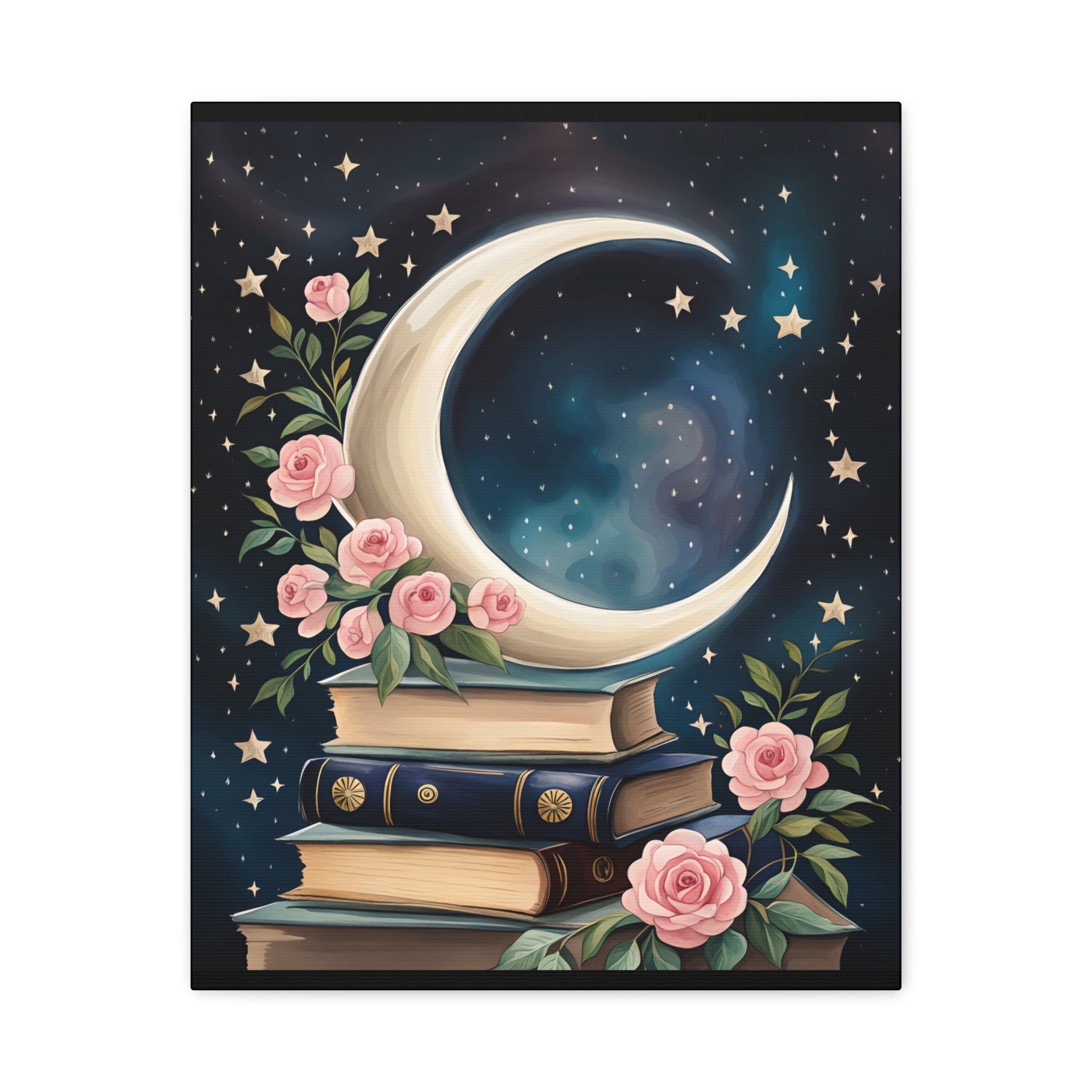 Moonlit Bookshelf Canvas Art, Starry Sky Decor, Floral Wall Art, Gift for Book Lovers, Nursery & Study Room Decoration