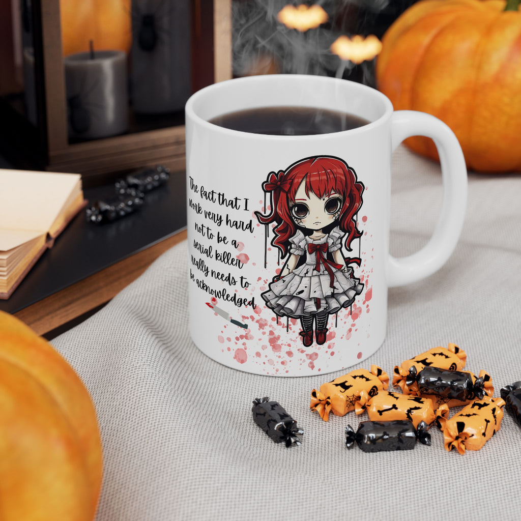 Creepy Doll Ceramic Mug, Inspirational Coffee Cup, Funny Office Gift, Cute Drinkware for Friends, Unique Present for Motivators