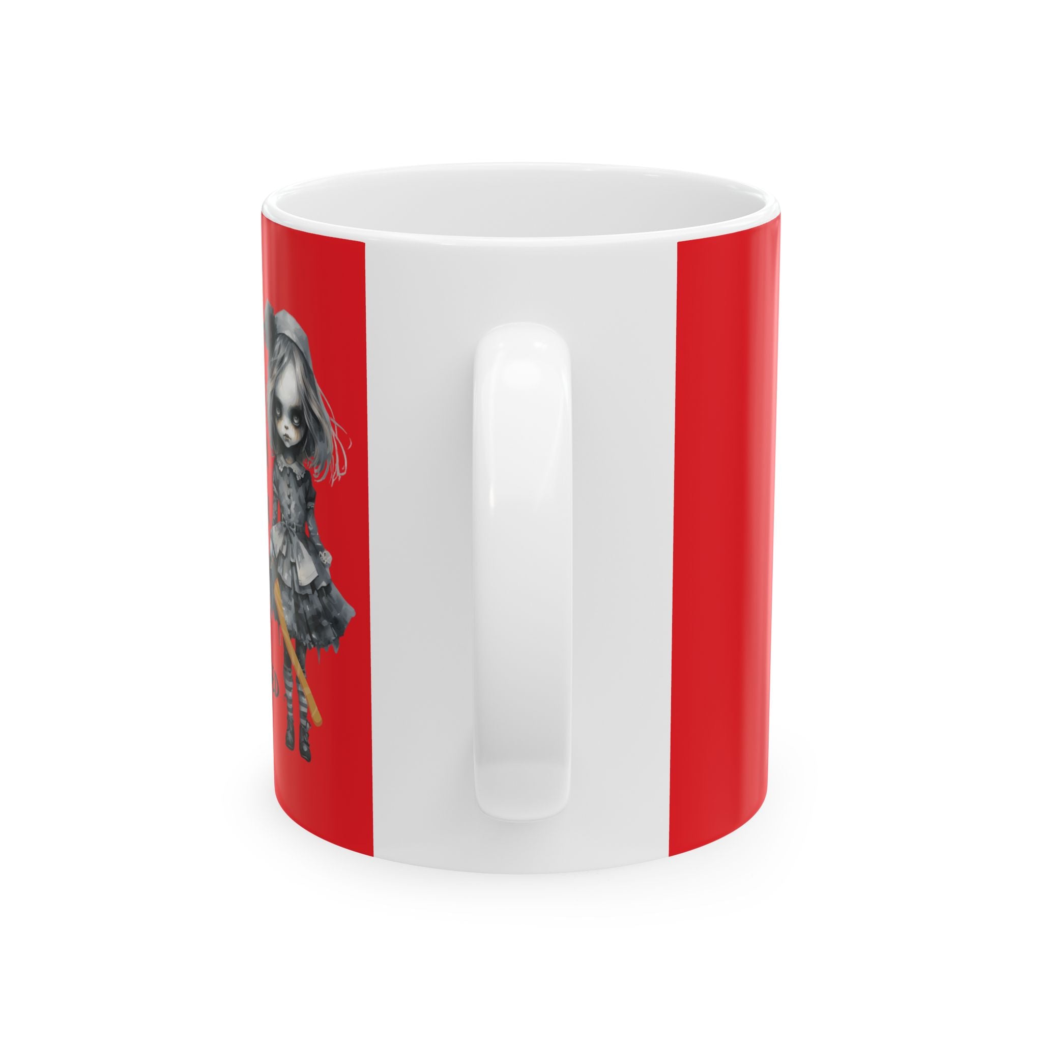 Creepy Doll Ceramic Mug - Unique Gift for Art Lovers, Coffee & Tea Enthusiasts, Home Decor, Office Supplies, Vibrant Red Design