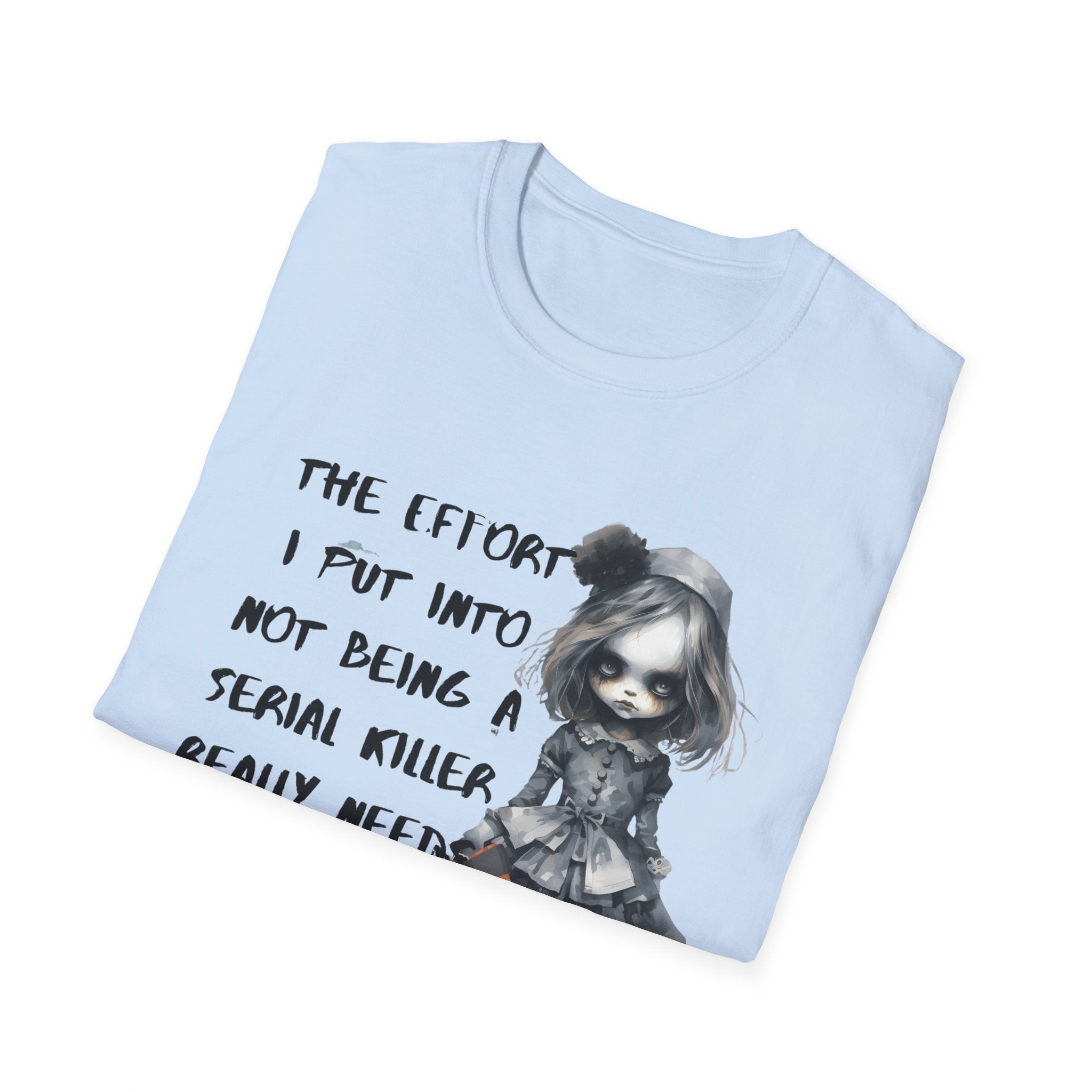 Unisex Graphic Tee with Creepy Doll Humor Design, Ideal for Quirky Fashion Lovers, Perfect for Casual Outings, Birthdays, and Halloween, [...]