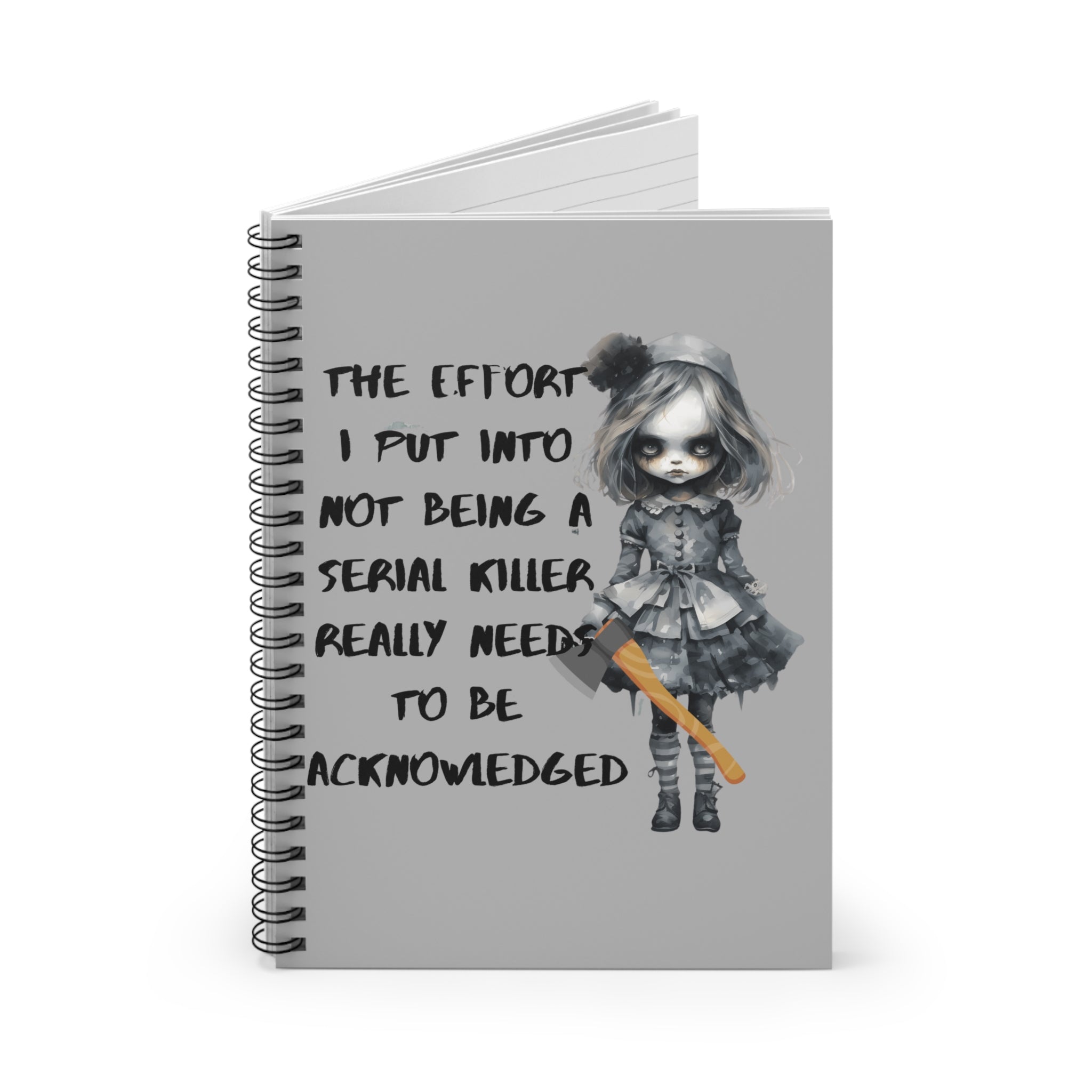 Creepy Doll Spiral Notebook, Dark Humor Journal, Unique Gift for Writers, Halloween Decor, Edgy Stationery Underscore Effort