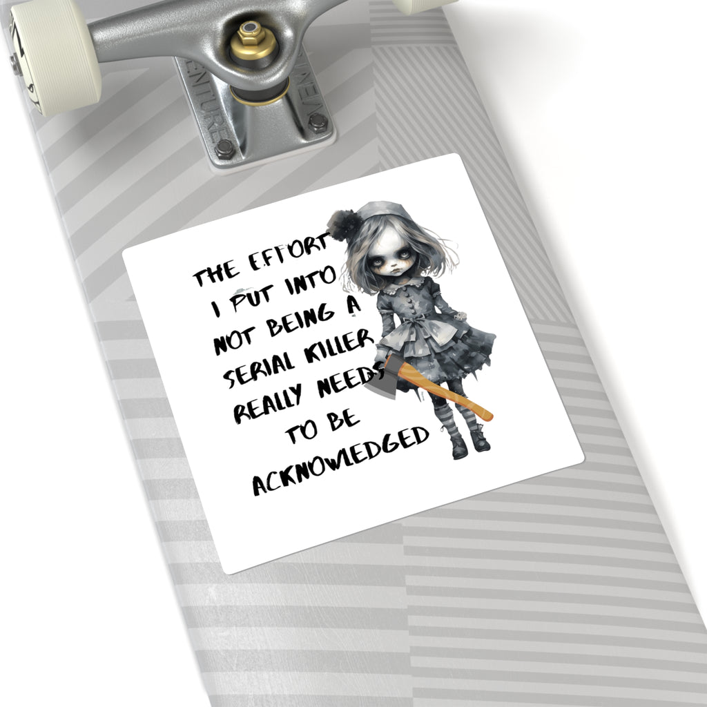 Creepy Doll Square Stickers - Dark Humor, Quirky Decals for Laptops, Journals, Gifts, Halloween Decor, Gothic Aesthetic