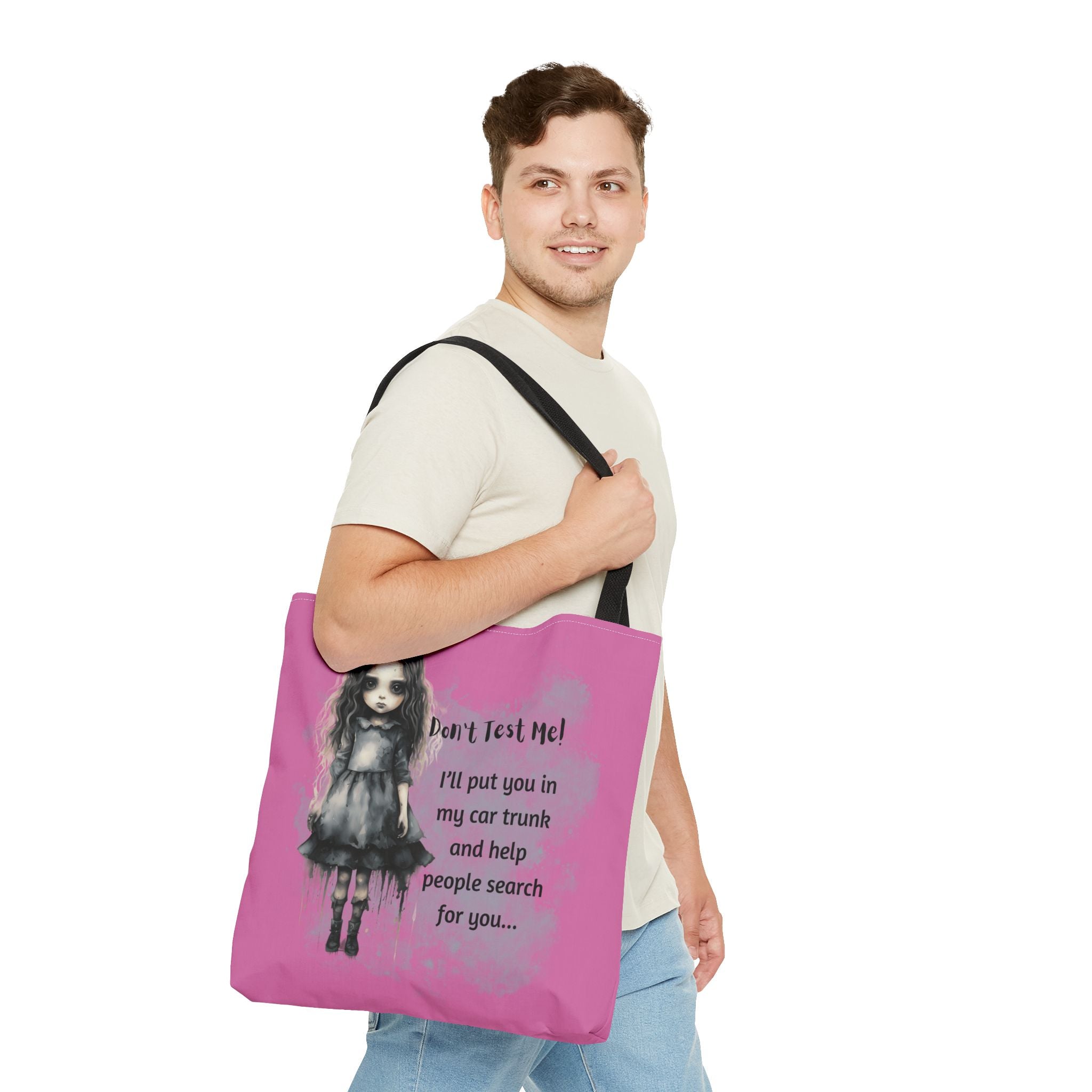 Creepy Doll Tote Bag - Don't Test Me! - Unique Gift for Halloween, Everyday Use, Horror Lovers, Dark Aesthetic, Funny Bags