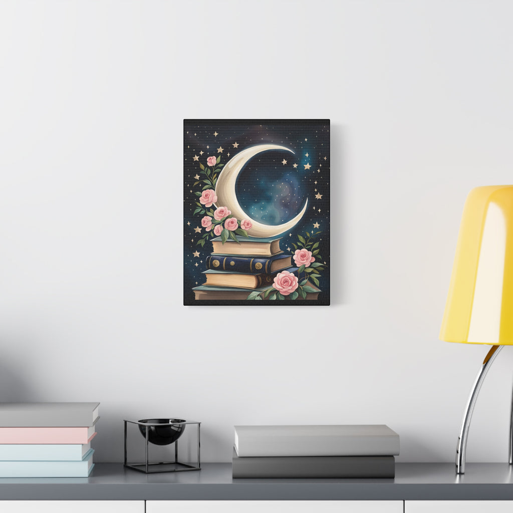 Moonlit Bookshelf Canvas Art, Starry Sky Decor, Floral Wall Art, Gift for Book Lovers, Nursery & Study Room Decoration