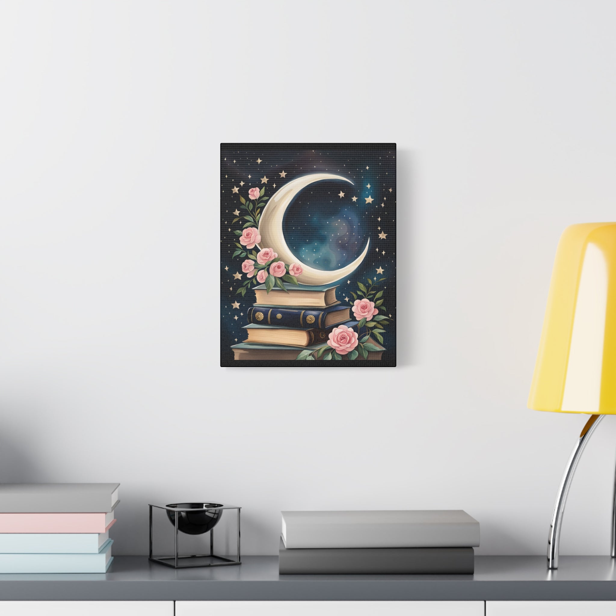 Moonlit Bookshelf Canvas Art, Starry Sky Decor, Floral Wall Art, Gift for Book Lovers, Nursery & Study Room Decoration