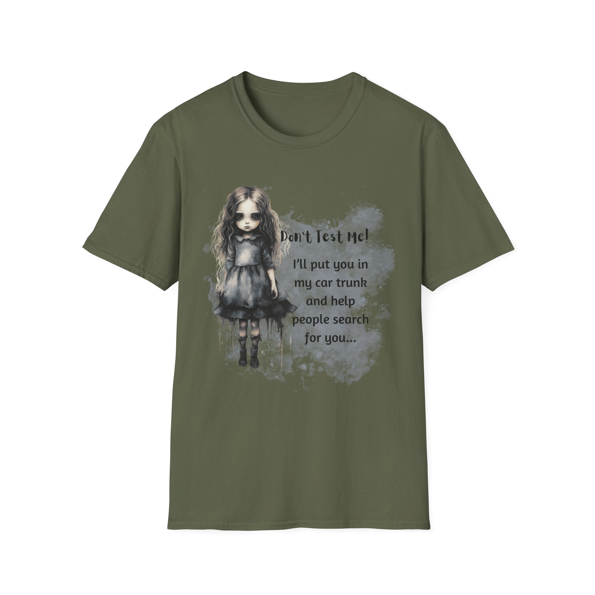 Creepy Doll  Humor T-Shirt, Unisex Softstyle Tee, Quirky Graphic Shirt, Halloween Outfit, Unique Gift Idea, Funny Apparel