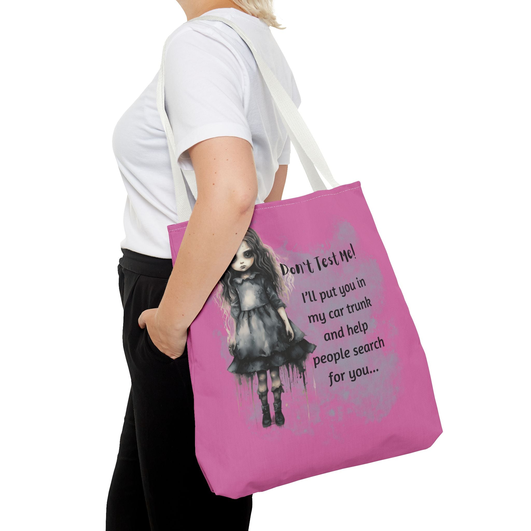 Creepy Doll Tote Bag - Don't Test Me! - Unique Gift for Halloween, Everyday Use, Horror Lovers, Dark Aesthetic, Funny Bags