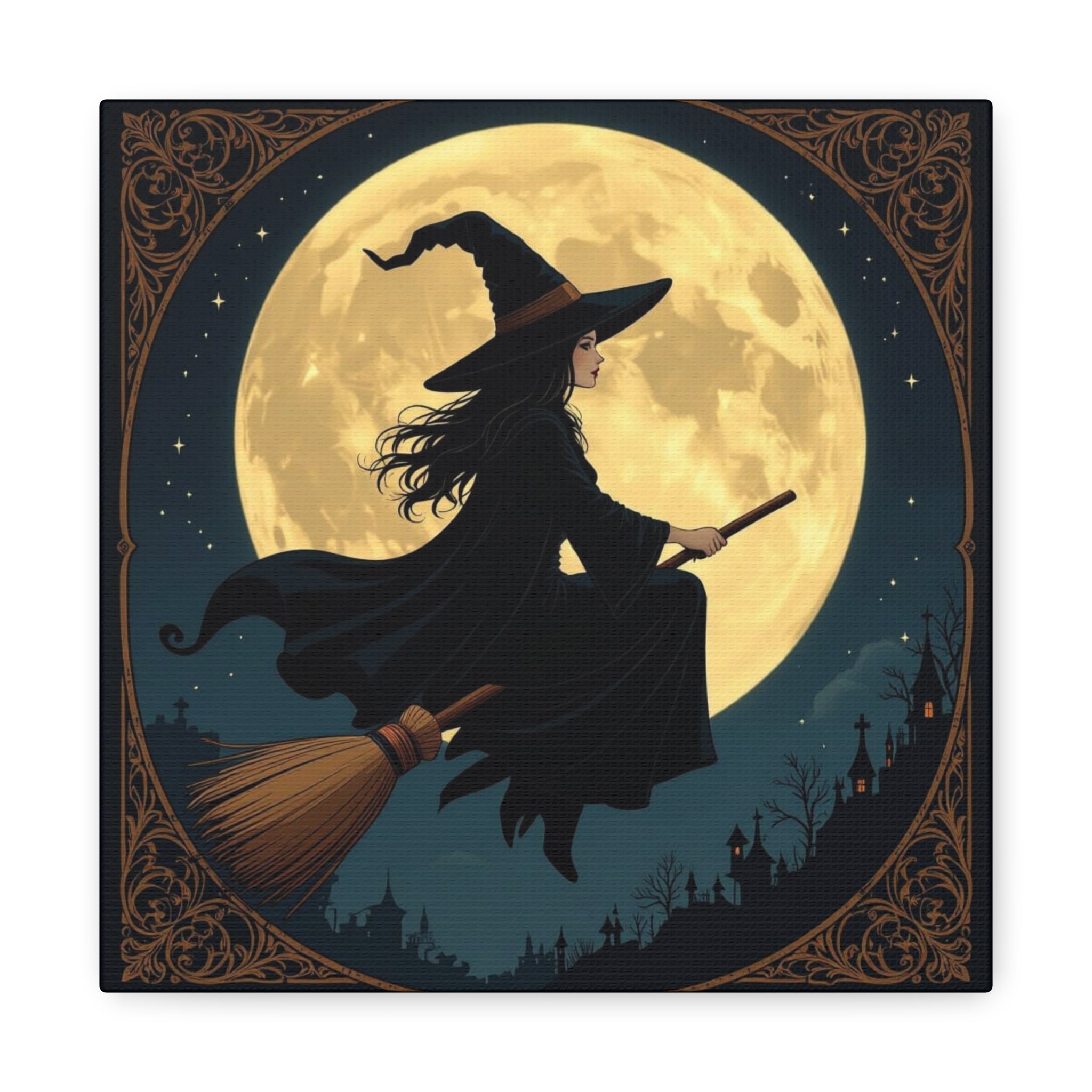 Witching Hour Canvas Art | Vintage Halloween Decoration, Spooky Home Decor, Magical Wall Art, Witch Decor, Full Moon Artwork
