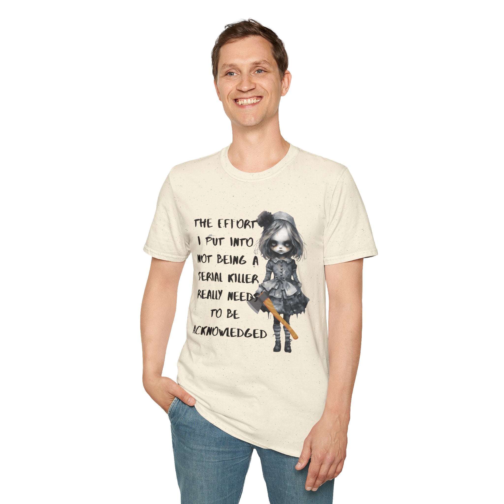 Unisex Graphic Tee with Creepy Doll Humor Design, Ideal for Quirky Fashion Lovers, Perfect for Casual Outings, Birthdays, and Halloween, [...]