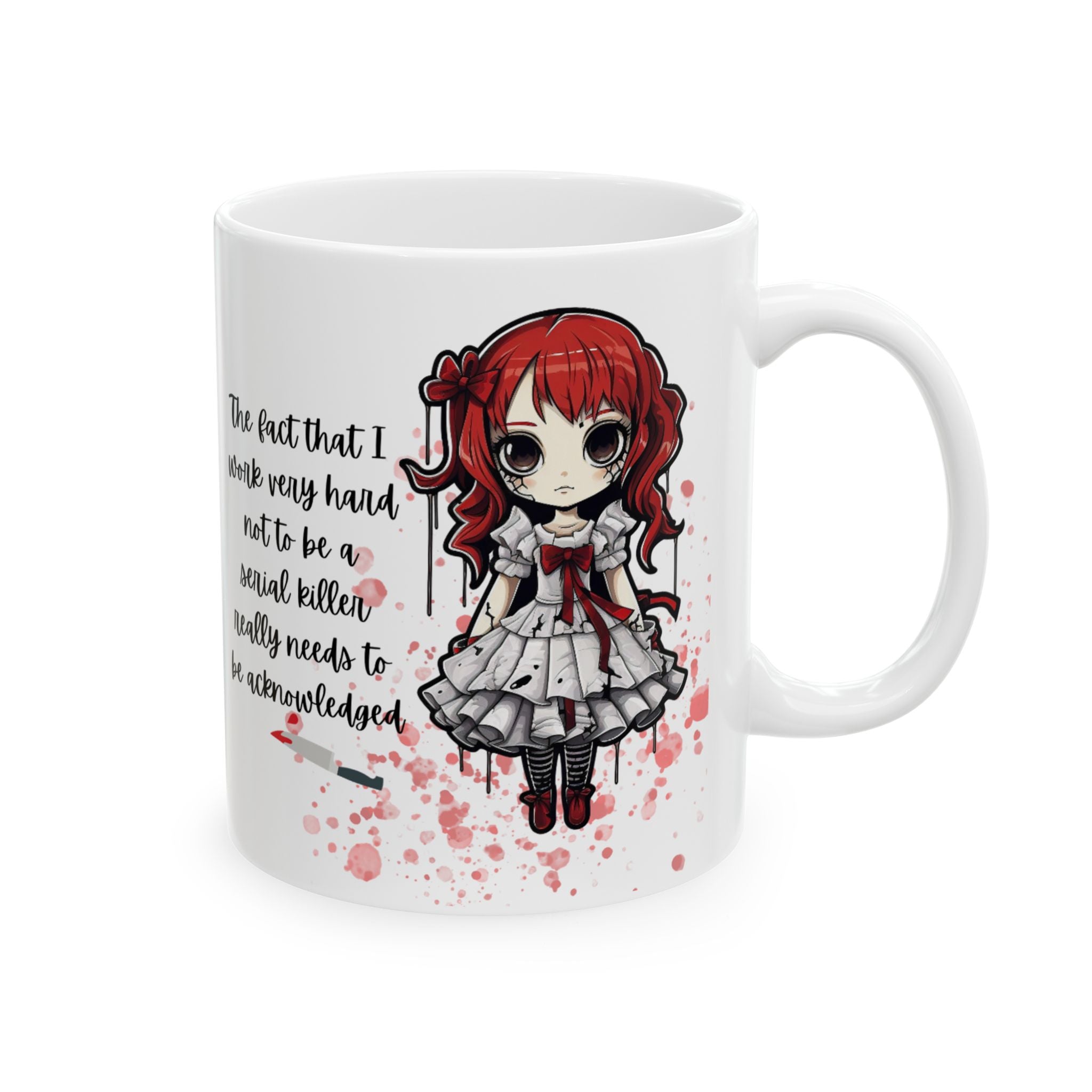 Creepy Doll Ceramic Mug, Inspirational Coffee Cup, Funny Office Gift, Cute Drinkware for Friends, Unique Present for Motivators