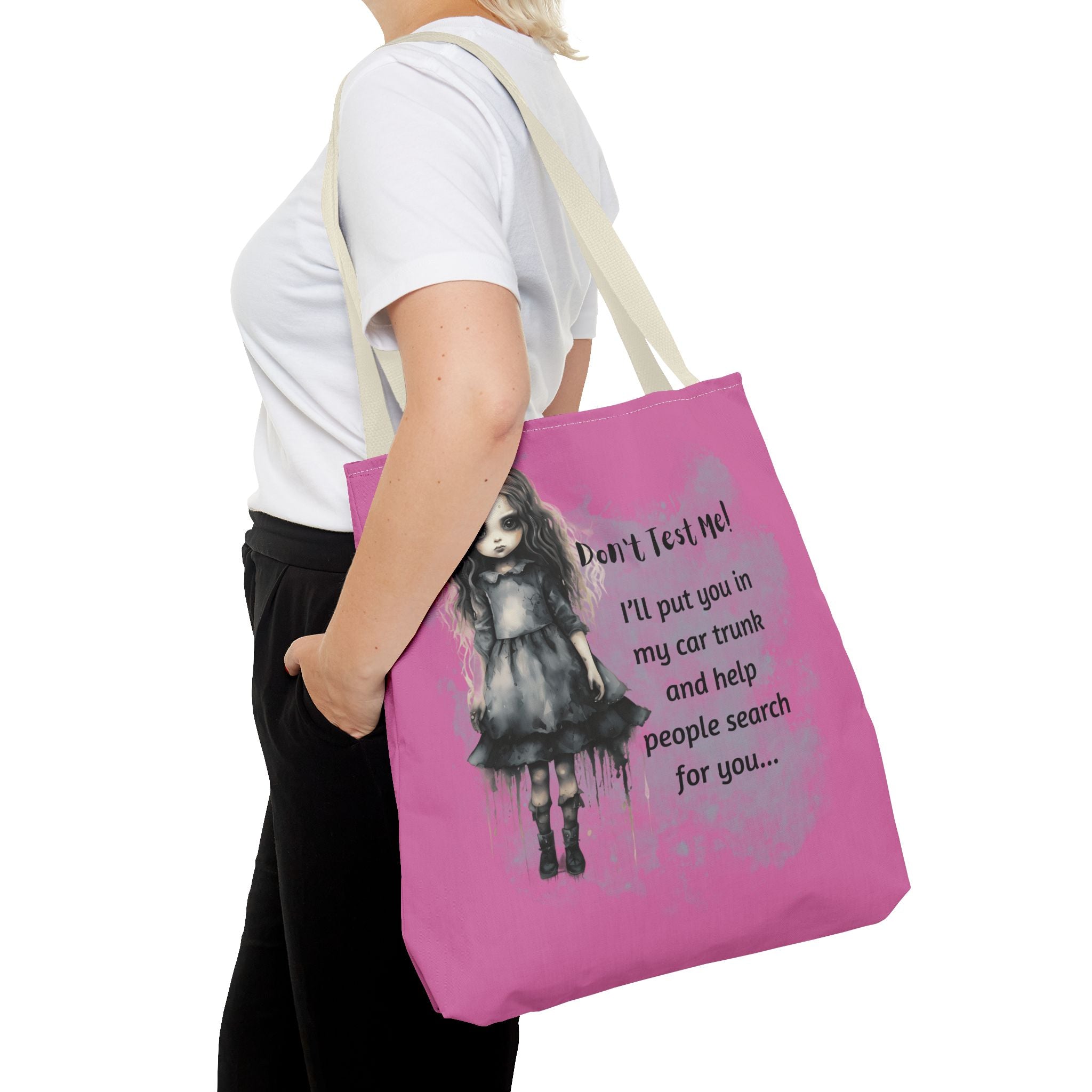 Creepy Doll Tote Bag - Don't Test Me! - Unique Gift for Halloween, Everyday Use, Horror Lovers, Dark Aesthetic, Funny Bags