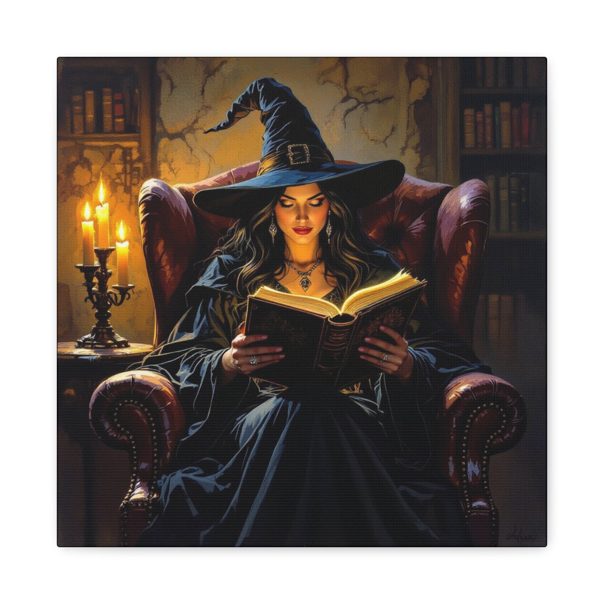 The Reader Canvas Art, Stretched Wall Decor, Halloween Nostalgia, Witch Reading Canvas, Magical Home Decor, Enchanted Living Room Art