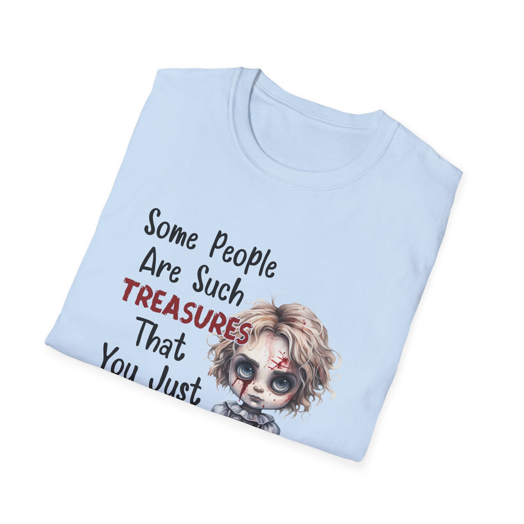 Creepy Doll Graphic Tee for Fun-Loving Souls, Funny Unisex T-Shirt, Casual Wear, Gift for Friends, Halloween and Birthday Party