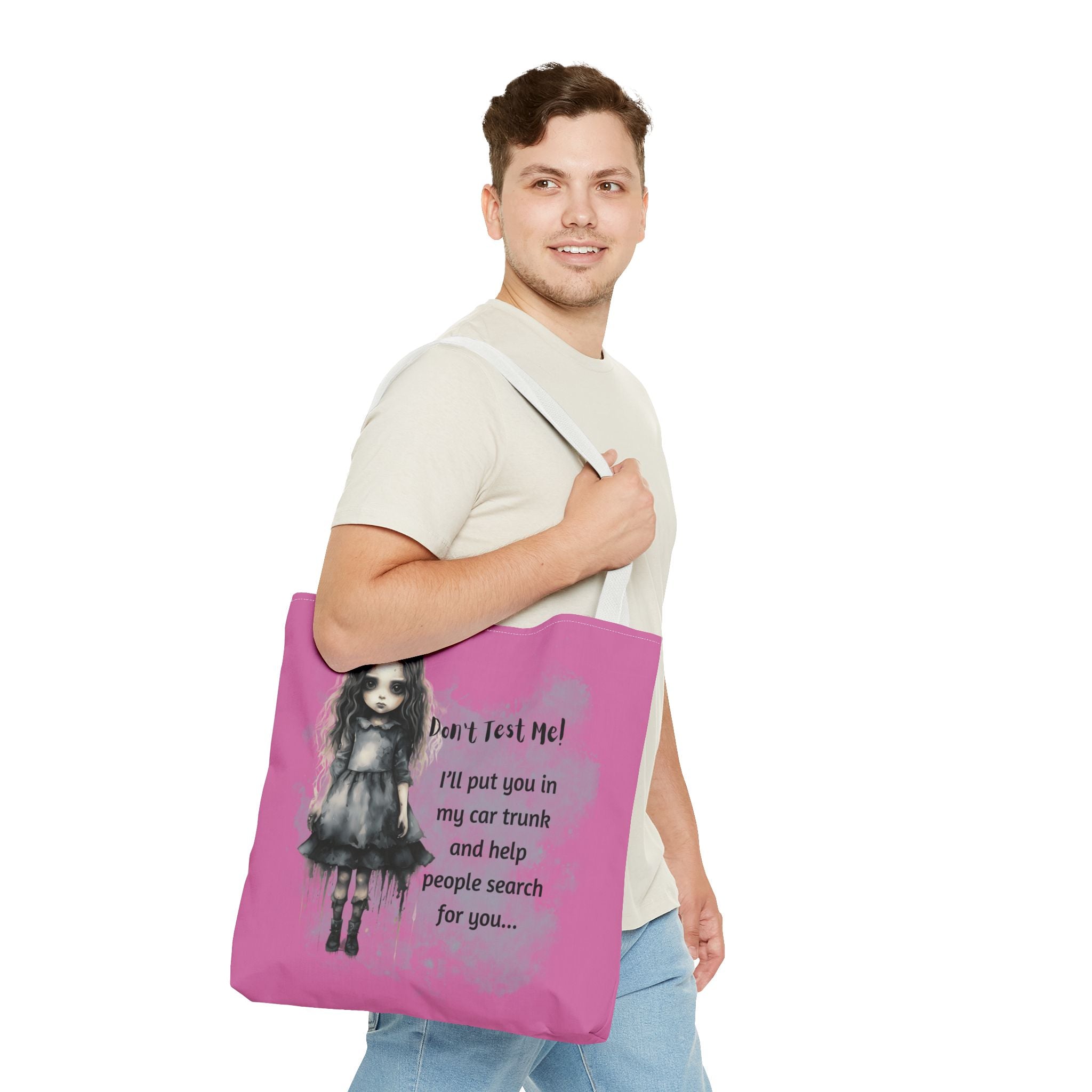 Creepy Doll Tote Bag - Don't Test Me! - Unique Gift for Halloween, Everyday Use, Horror Lovers, Dark Aesthetic, Funny Bags