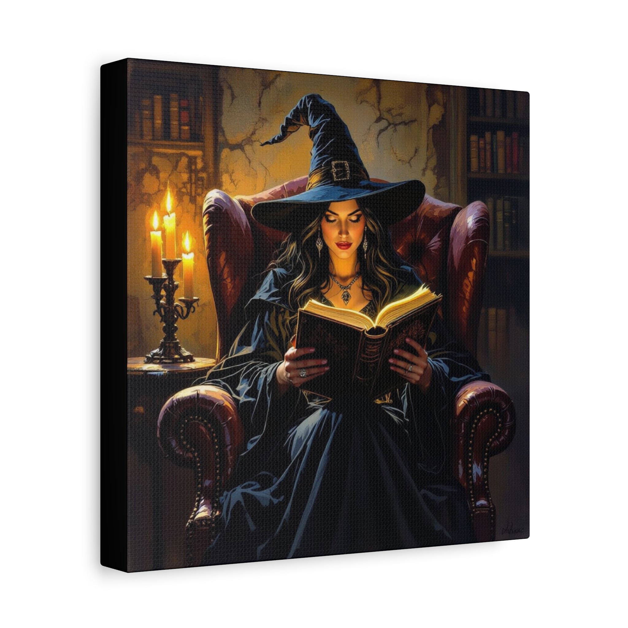 The Reader Canvas Art, Stretched Wall Decor, Halloween Nostalgia, Witch Reading Canvas, Magical Home Decor, Enchanted Living Room Art