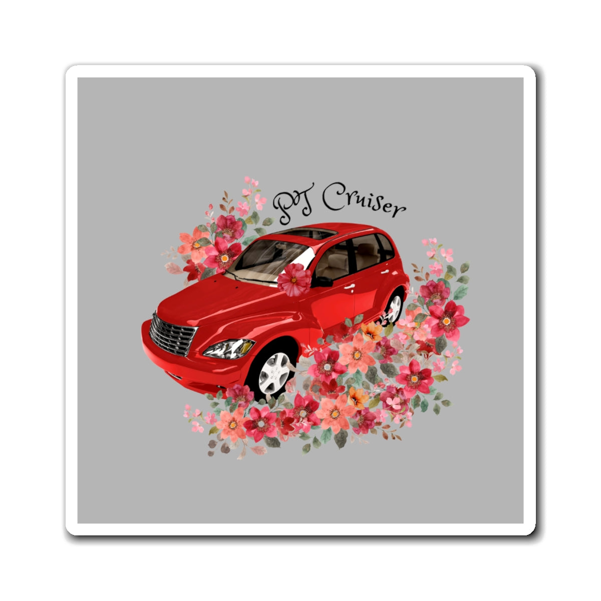 Floral PT Cruiser Magnet, Car Enthusiast Gift, Refrigerator Decor, Vintage Car Art, Flower Power Home Accent
