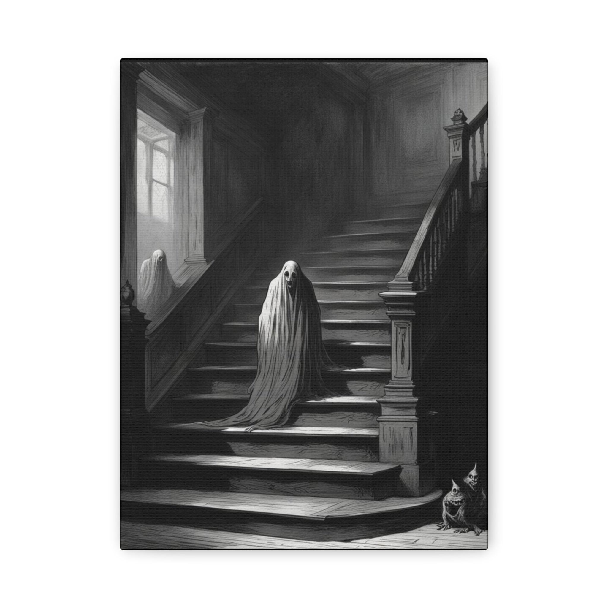 Haunted Staircase Canvas Art, Black and White Wall Decor, Gothic Home Decor, Spooky Halloween Artwork, Unique Gift for Horror Lovers