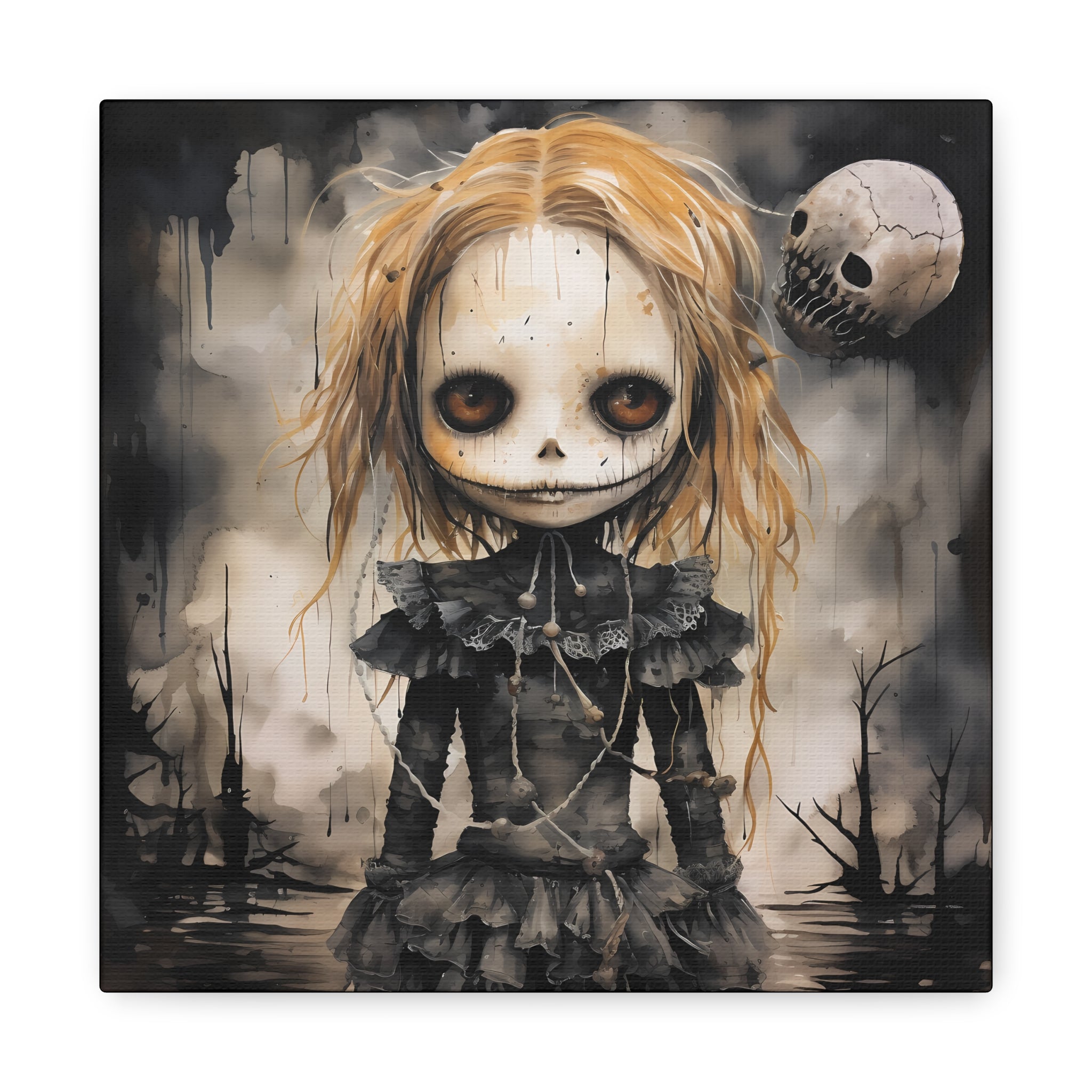 Creepy Doll Art Canvas, Gothic Wall Decor, Dark Aesthetic, Halloween Decor, Unique Home Print, Spooky Living Room Art