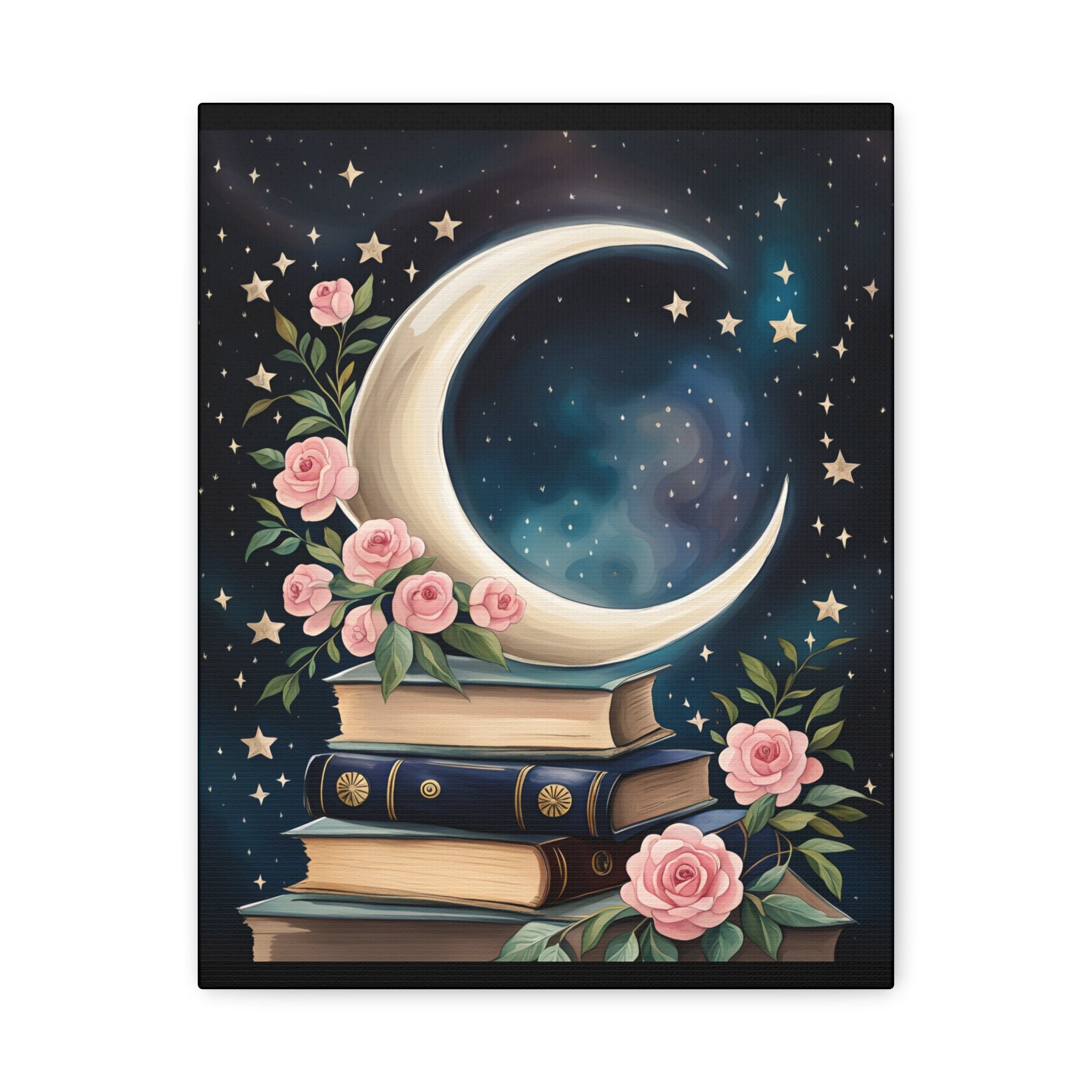 Moonlit Bookshelf Canvas Art, Starry Sky Decor, Floral Wall Art, Gift for Book Lovers, Nursery & Study Room Decoration