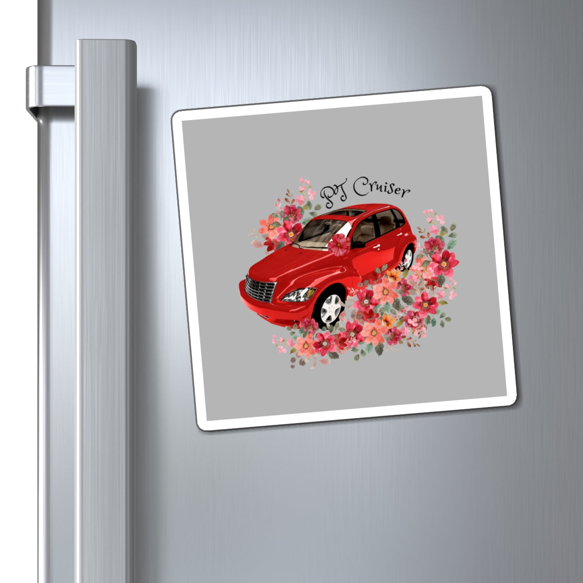 Floral PT Cruiser Magnet, Car Enthusiast Gift, Refrigerator Decor, Vintage Car Art, Flower Power Home Accent