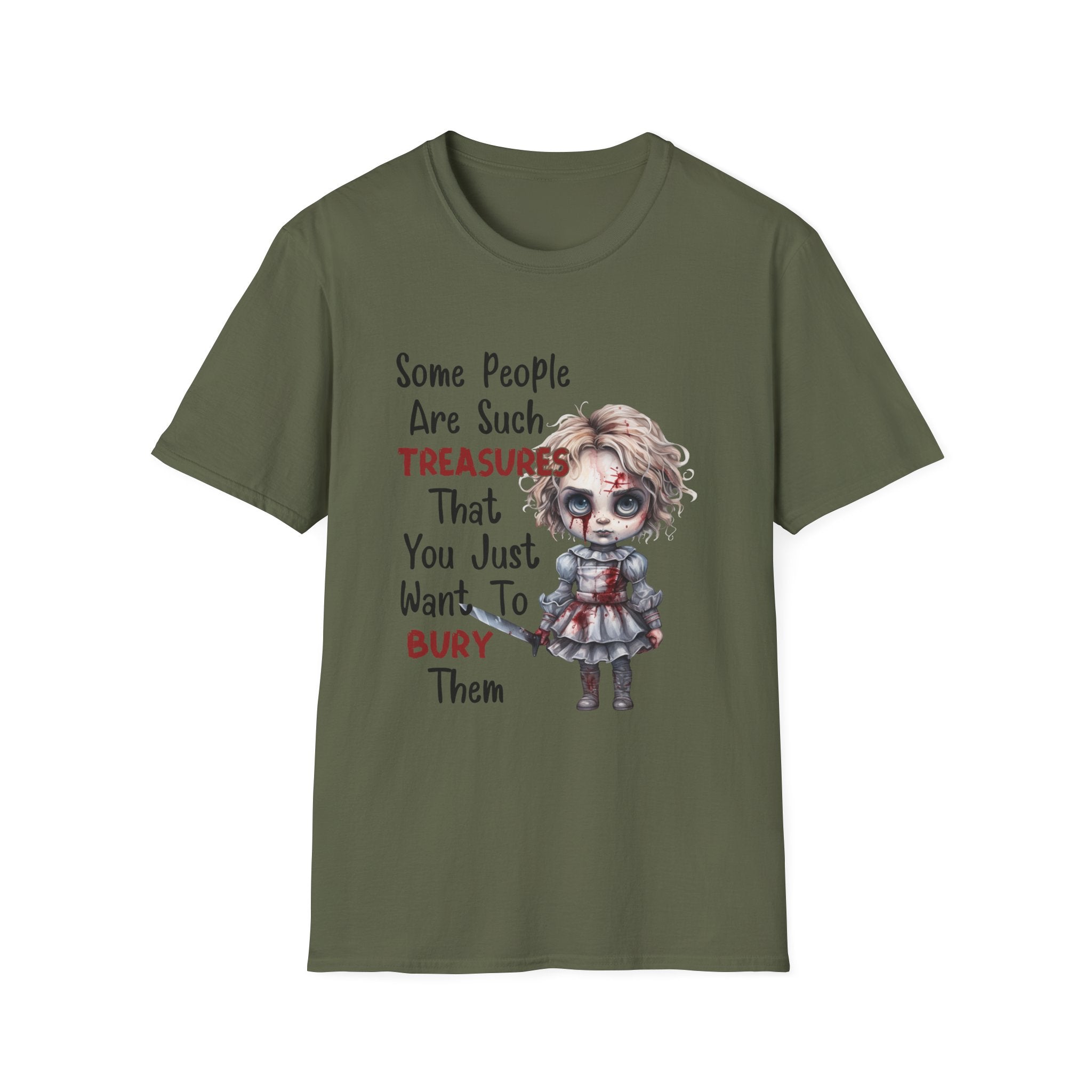 Creepy Doll Graphic Tee for Fun-Loving Souls, Funny Unisex T-Shirt, Casual Wear, Gift for Friends, Halloween and Birthday Party