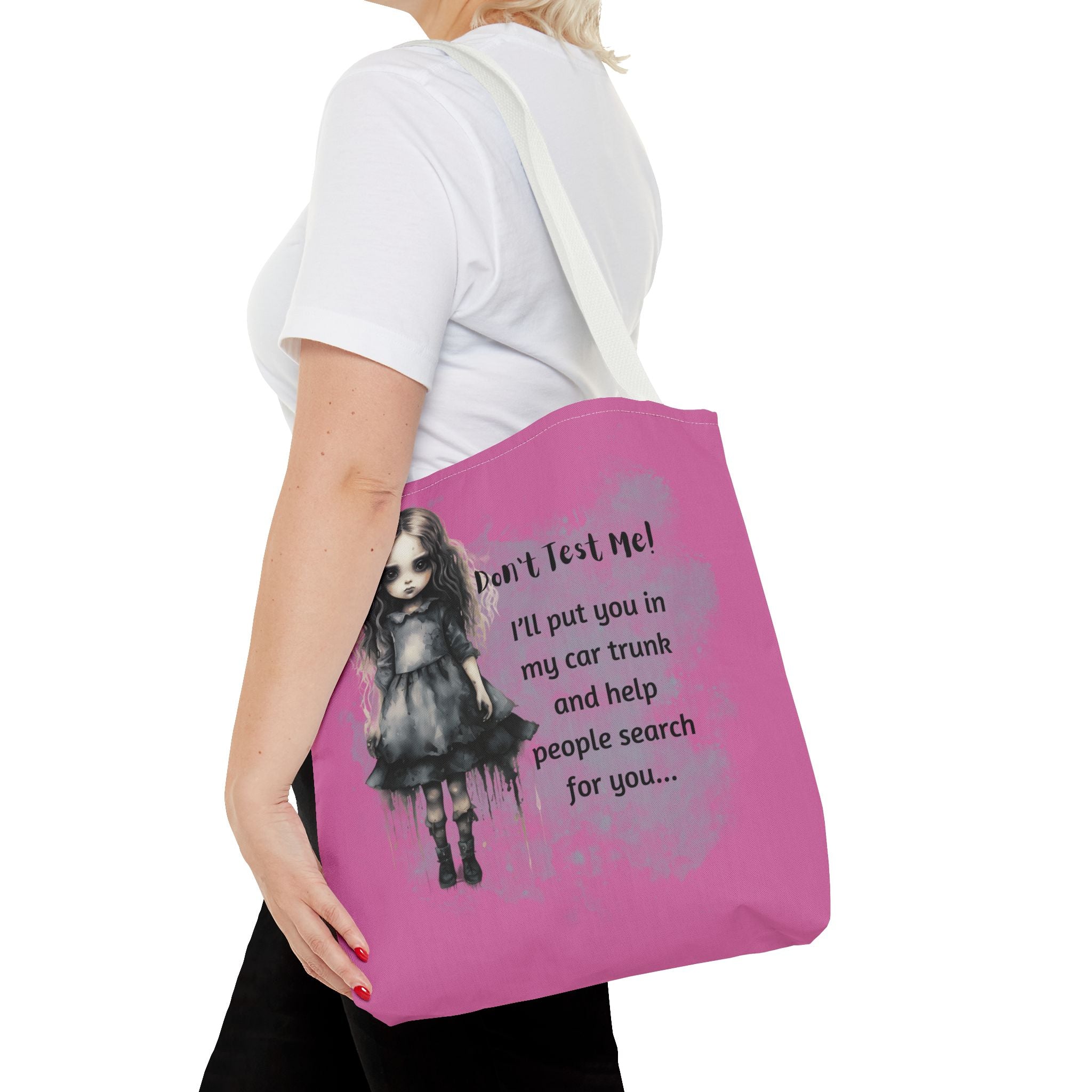 Creepy Doll Tote Bag - Don't Test Me! - Unique Gift for Halloween, Everyday Use, Horror Lovers, Dark Aesthetic, Funny Bags