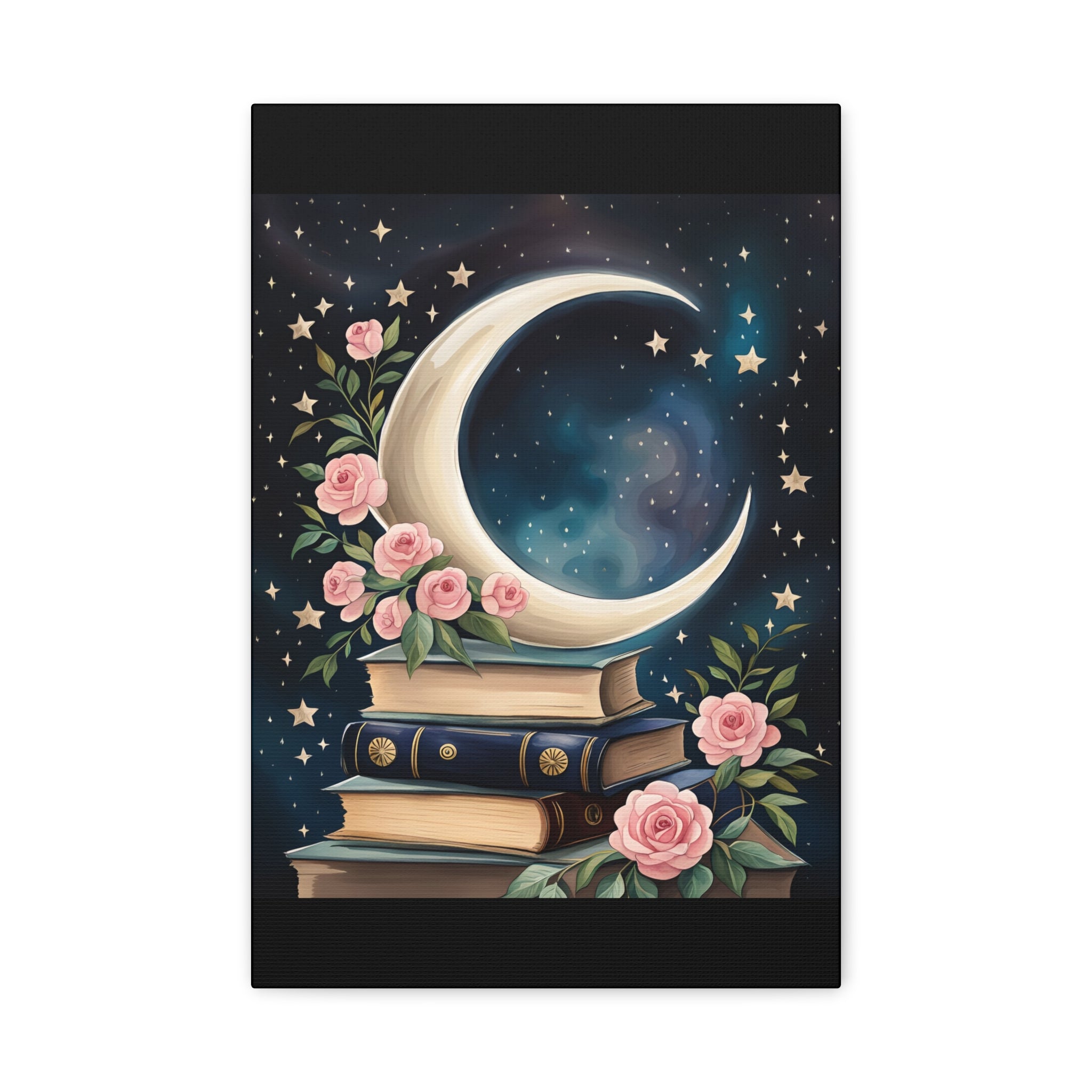 Moonlit Bookshelf Canvas Art, Starry Sky Decor, Floral Wall Art, Gift for Book Lovers, Nursery & Study Room Decoration