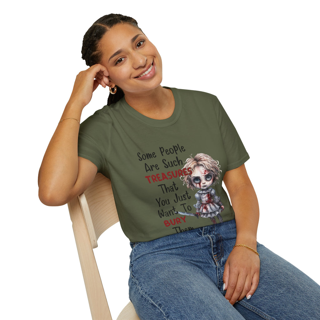 Creepy Doll Graphic Tee for Fun-Loving Souls, Funny Unisex T-Shirt, Casual Wear, Gift for Friends, Halloween and Birthday Party
