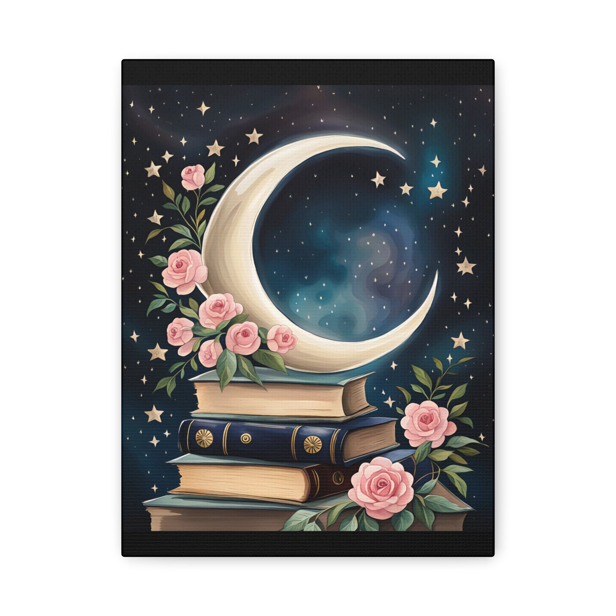 Moonlit Bookshelf Canvas Art, Starry Sky Decor, Floral Wall Art, Gift for Book Lovers, Nursery & Study Room Decoration
